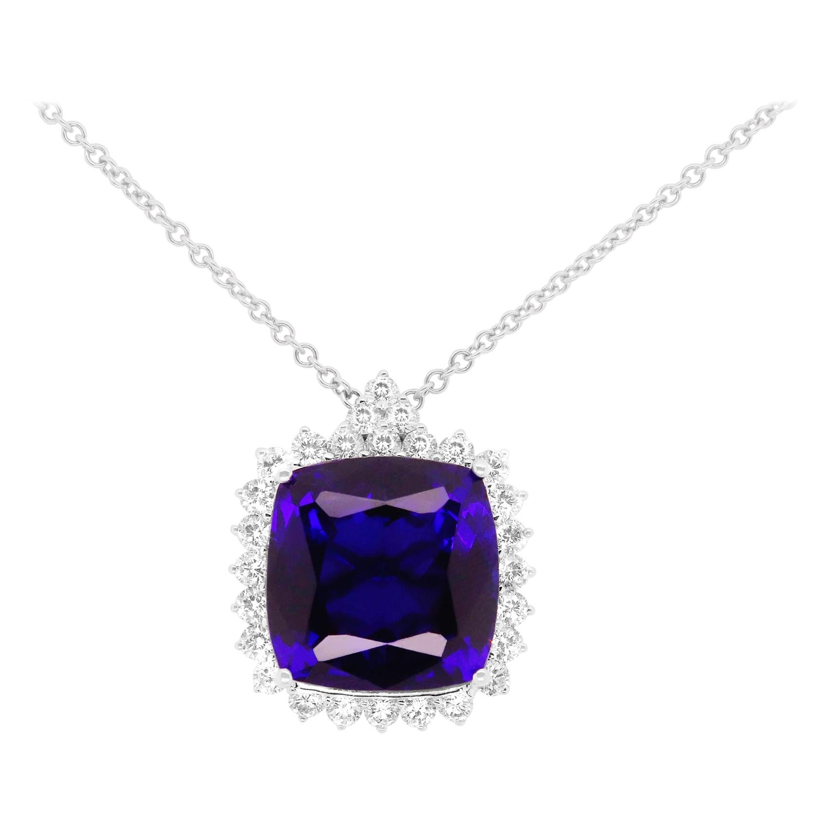 23.70 Carat Cushion Cut Tanzanite Diamond Halo Pendant Necklace 18 Karat Gold