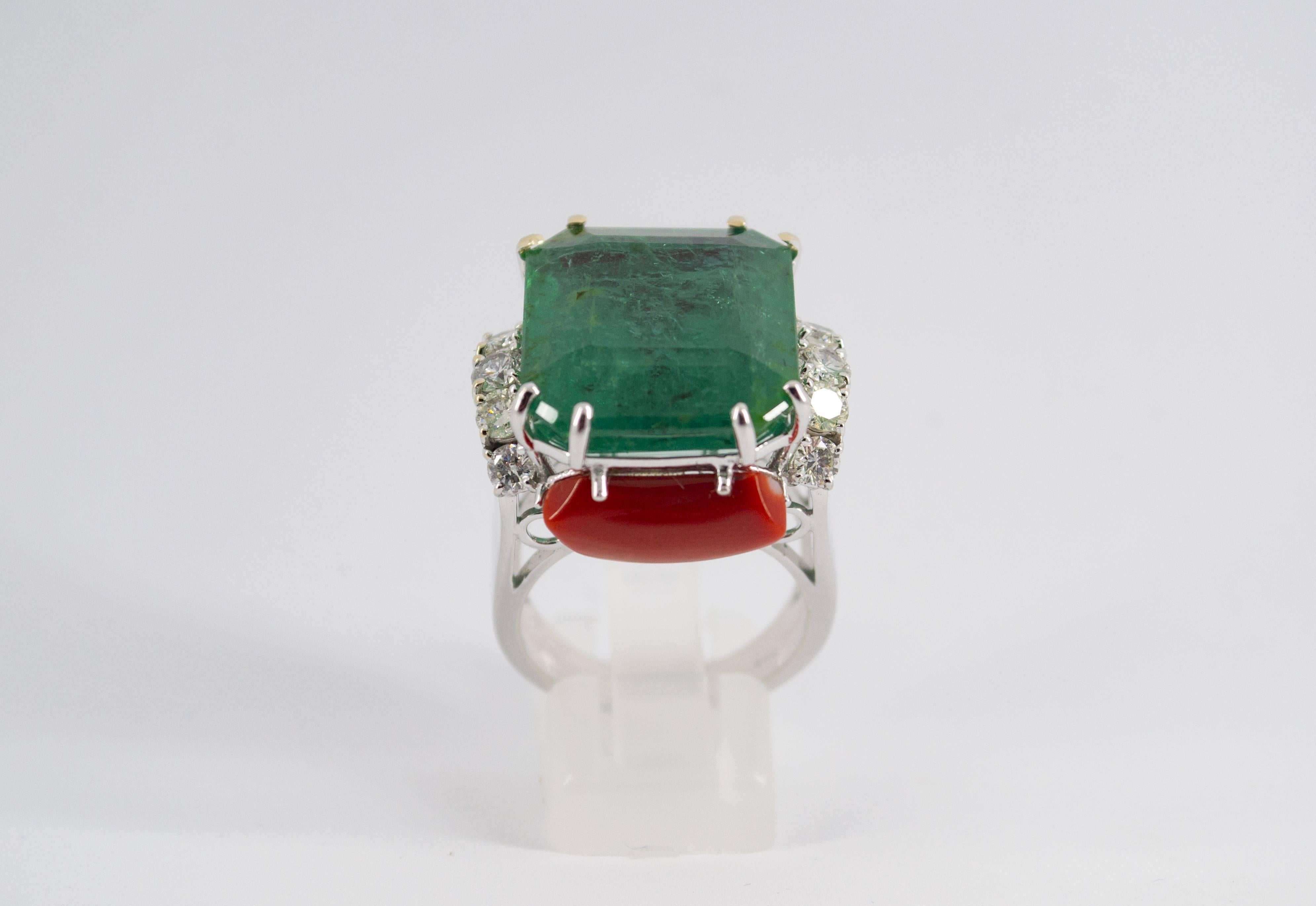 This Ring is made of 18K White Gold.
This Ring has 1.23 Carats of White Diamonds.
This Ring has a 23.70 Carats Emerald.
This Ring has Mediterranean (Sardinia, Italy) Red Coral.
Size ITA: 17 USA: 8
We're a workshop so every piece is handmade,