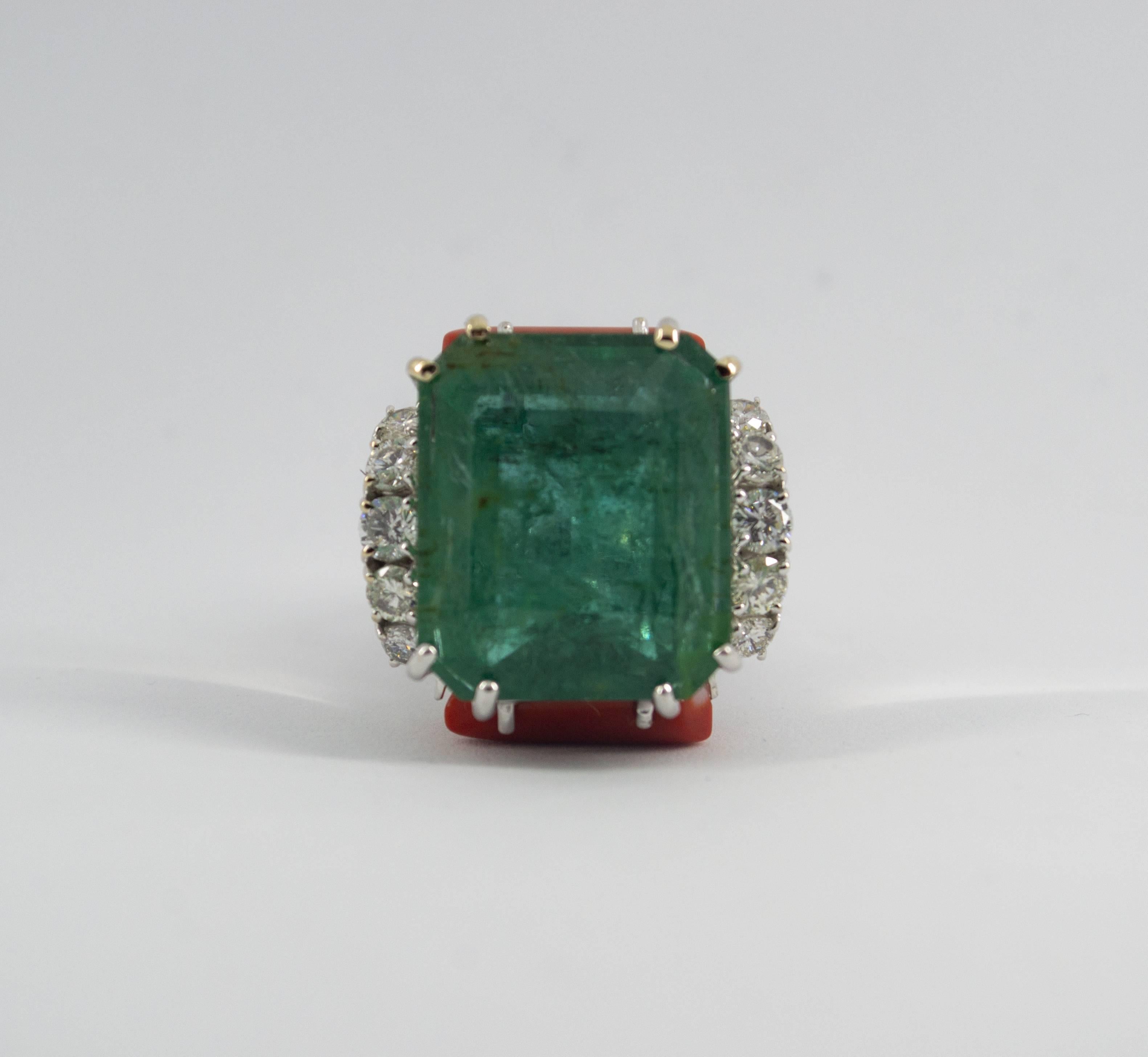 23.70 Carat Emerald Mediterranean Red Coral Diamond White Gold Cocktail Ring In New Condition In Naples, IT