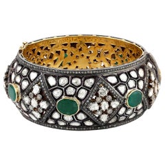 23.71 Carat Rose Cut Diamond Emerald Antique Style Bracelet Cuff