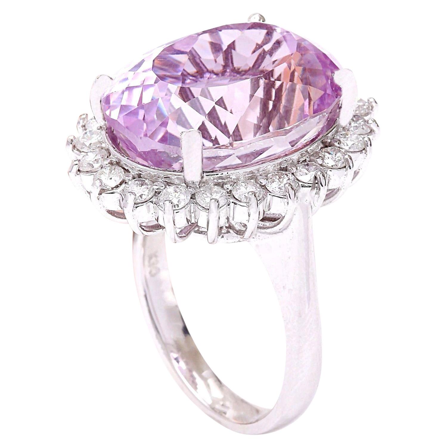 Kunzite Diamond Ring In 14 Karat Solid White Gold  In New Condition For Sale In Los Angeles, CA