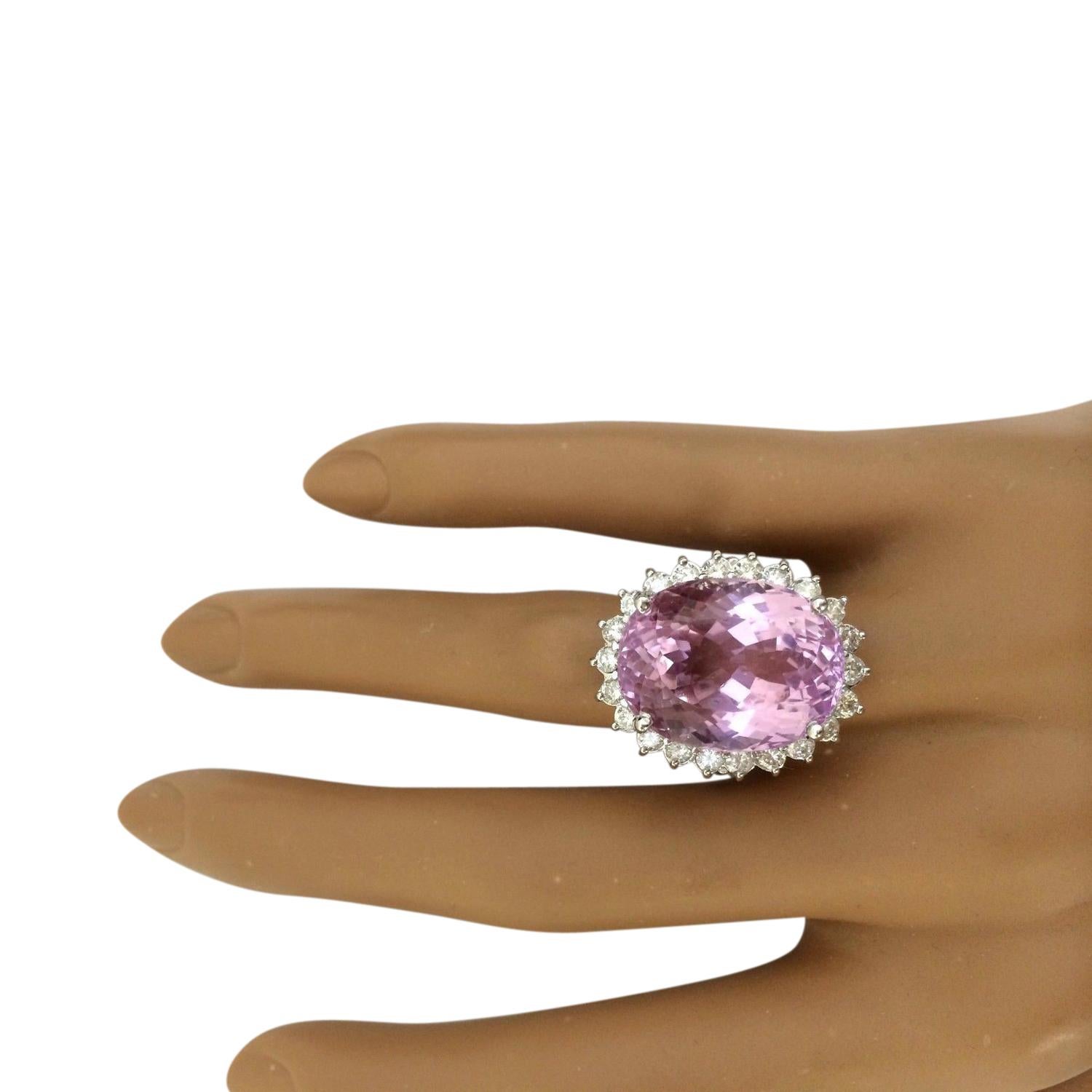 Women's Kunzite Diamond Ring In 14 Karat Solid White Gold  For Sale
