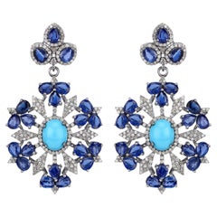 23.77 Carat Genuine Kyanite, Turquoise and Diamond .925 Sterling Silver Earrings