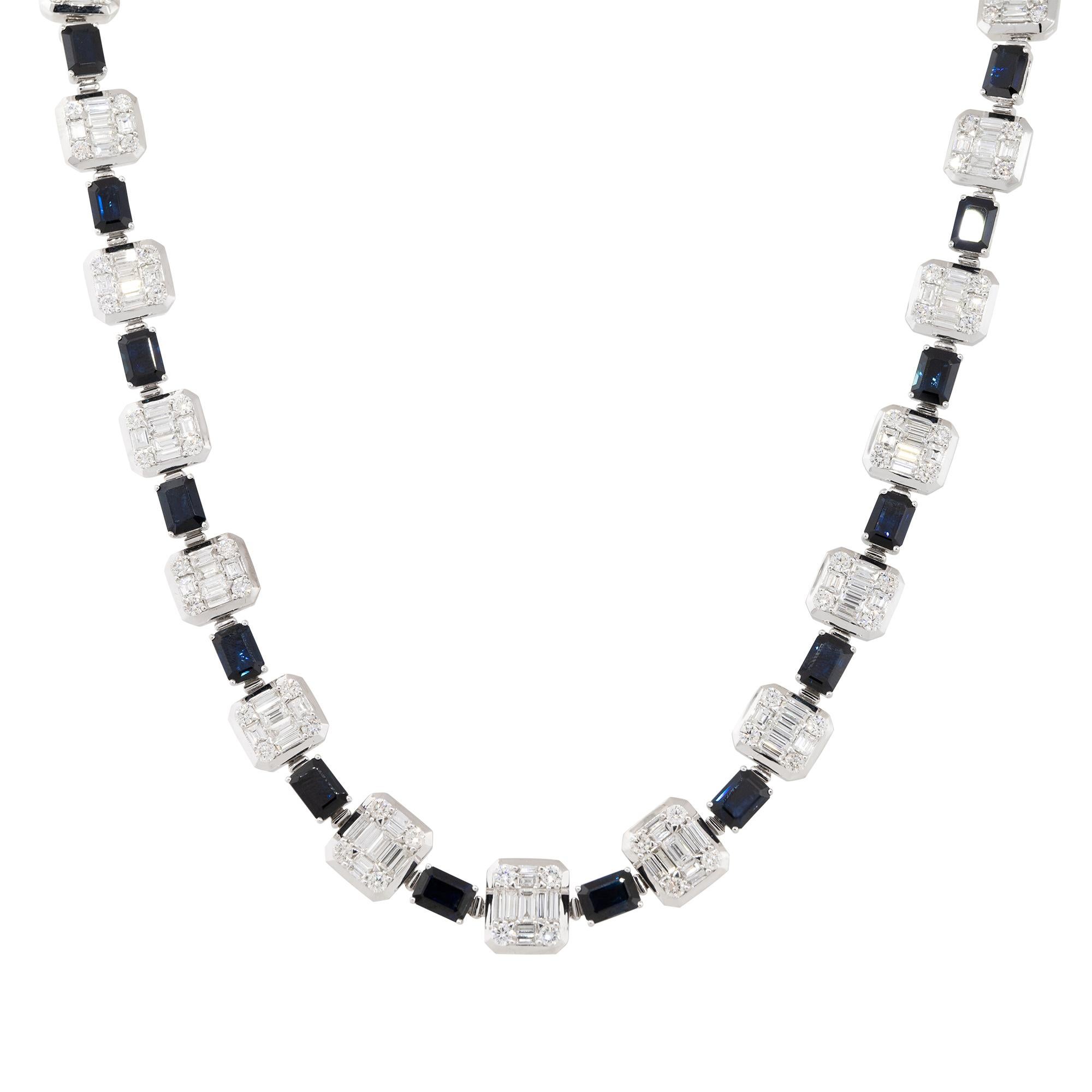 18k White Gold 23.77ctw Sapphire and Diamond Choker Necklace

Material: 18k White Gold
Gemstone Details: Approximately 23.77ctw of Emerald cut Sapphires. There are 22 Sapphires total
Diamond Details: Approximately 11.69ctw of Baguette Cut Diamonds