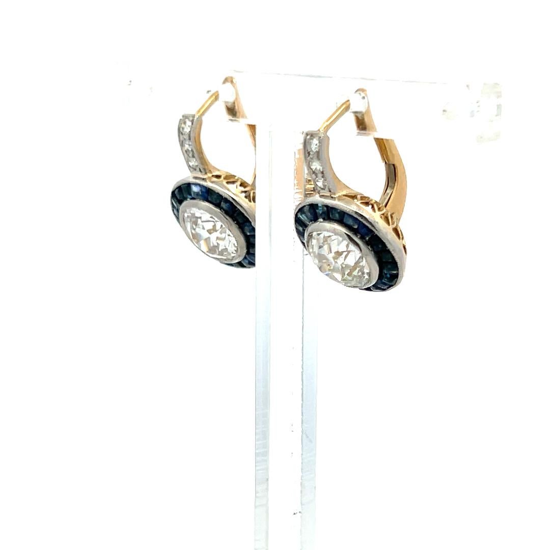 2,37ct Diamant & Saphir Art Deco Zweifarbiges Gold Platin Leverback Ohrringe im Angebot 2