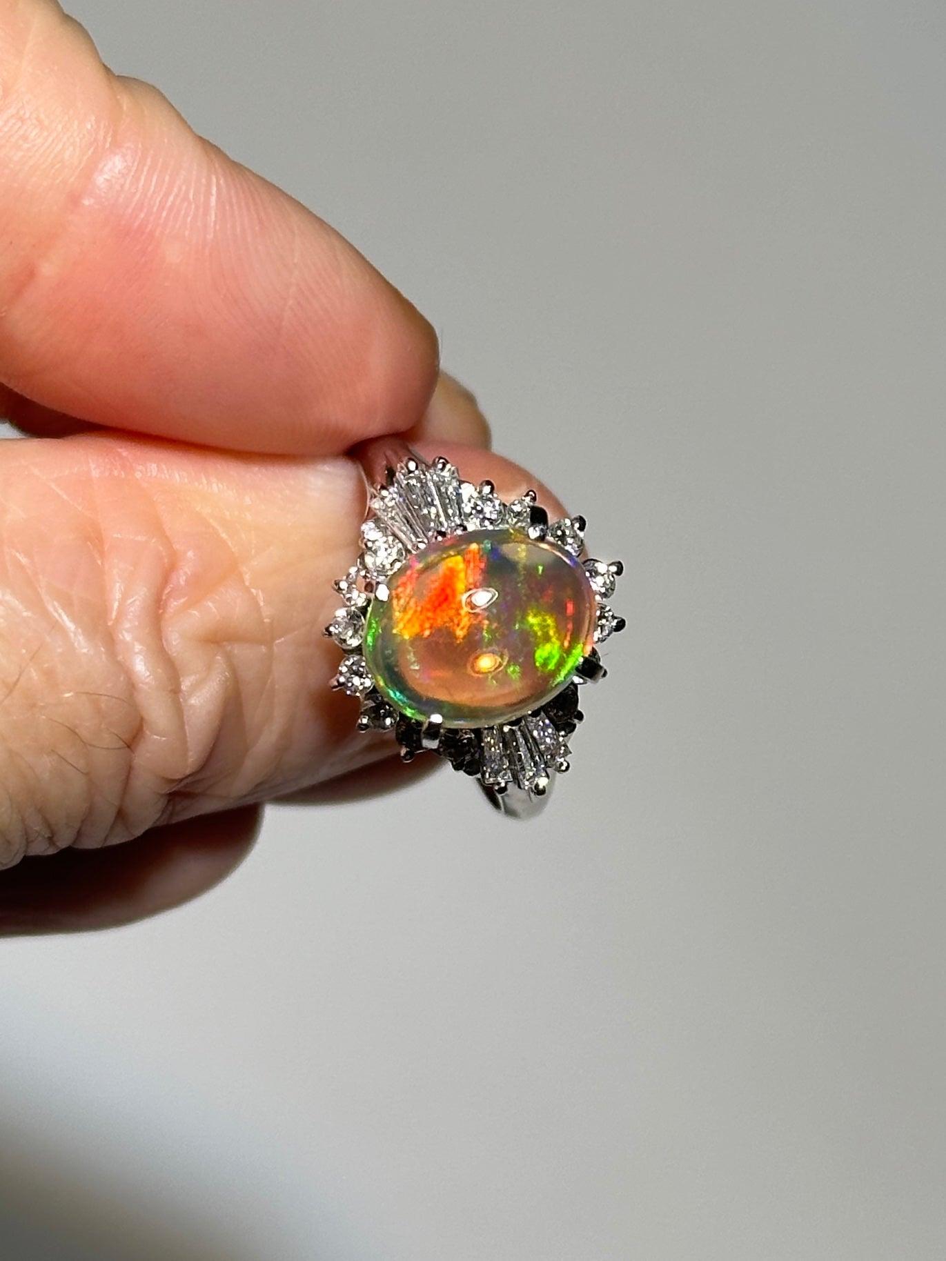 Uncut 2.37ct Super Bright Mexican Fire Opal with Diamond Halo Engagement Ring Platinum For Sale