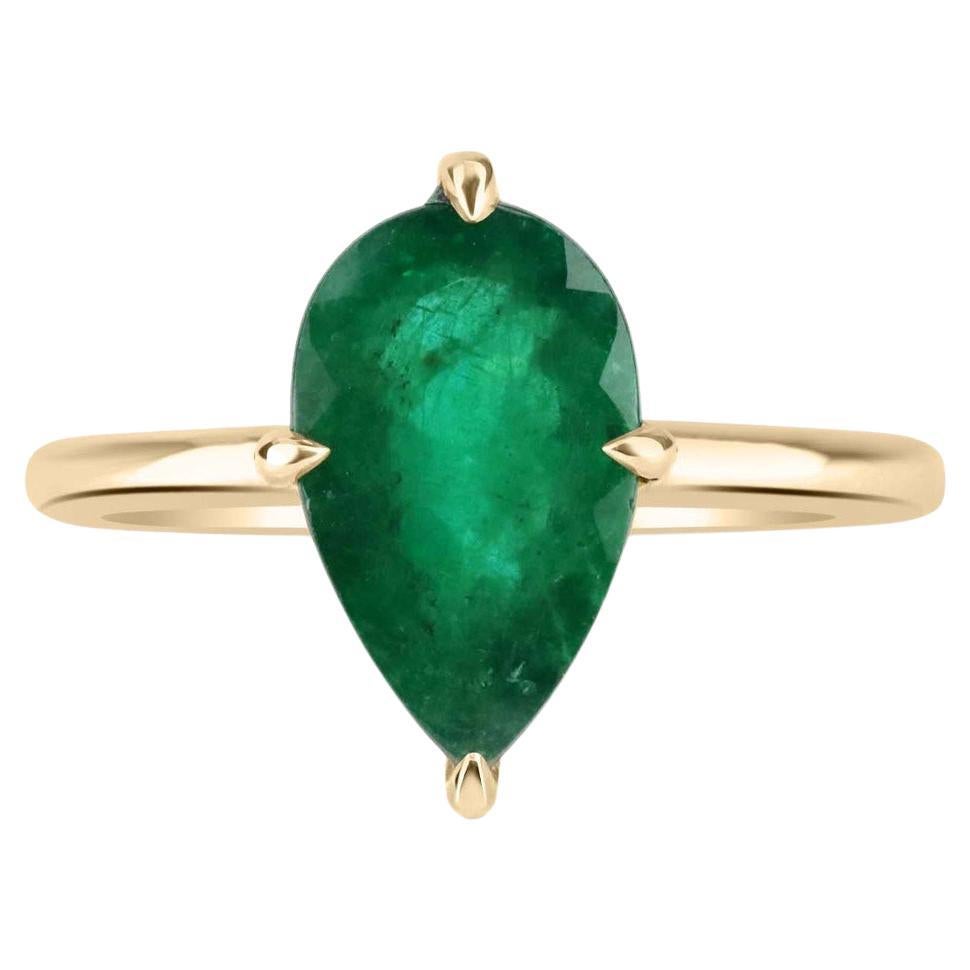 2.37cts 14K Natural Emerald 4 Prong Pear Cut Emerald Solitaire Ring 14K