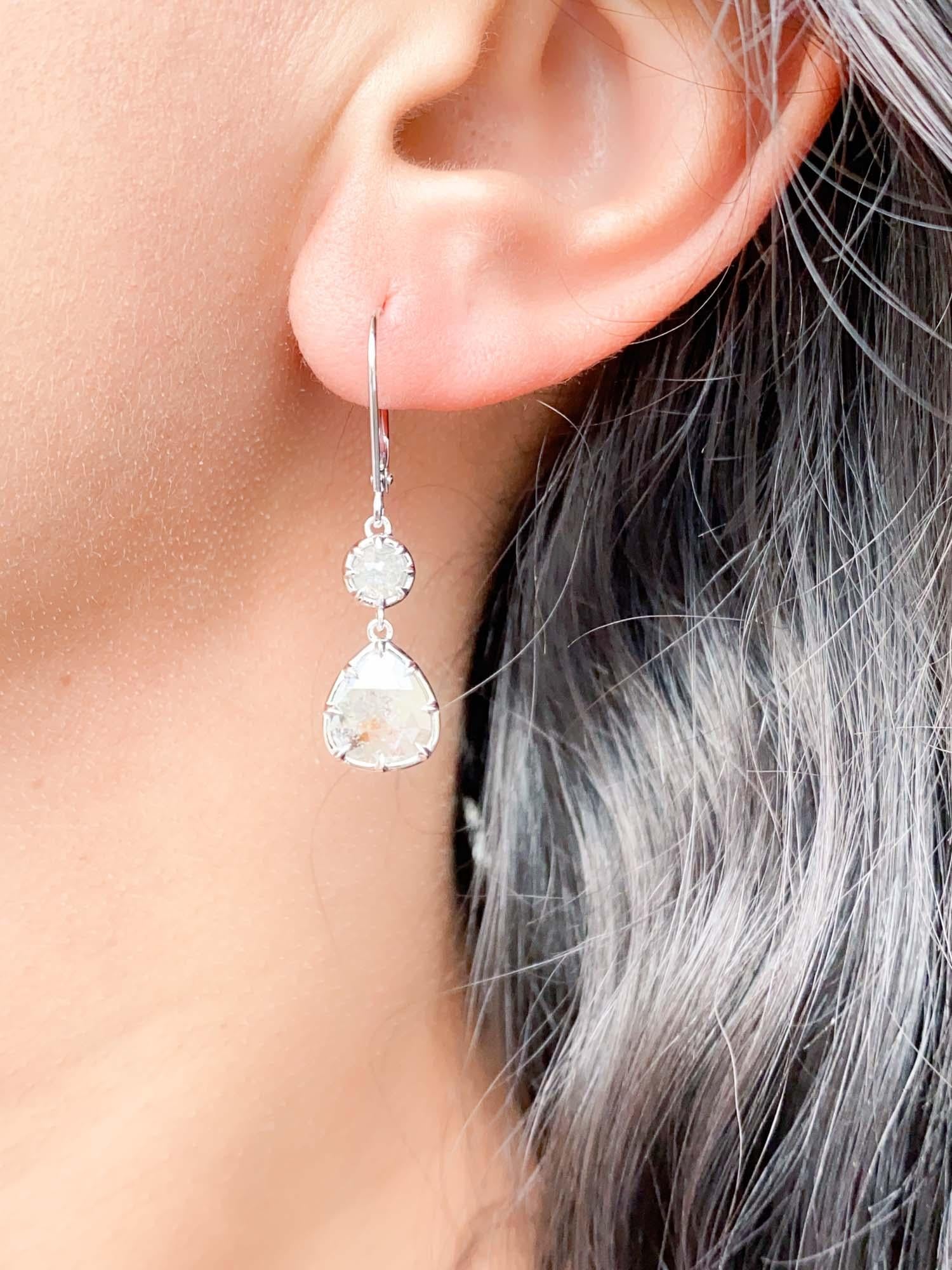 2.37ctw Georgian-Inspired Rose Cut Diamond Dangle Earrings 14K White Gold R3128 For Sale 1