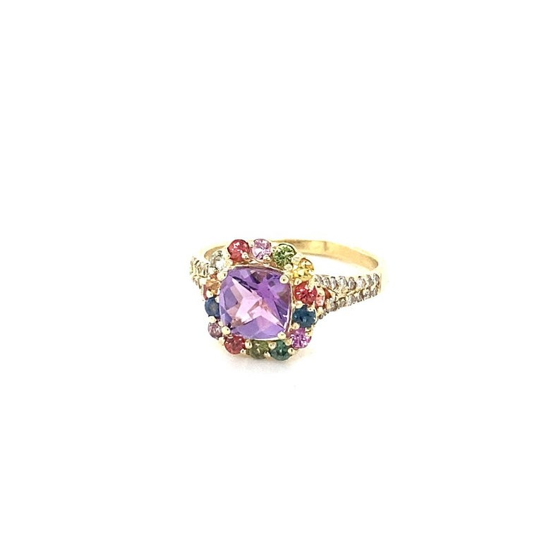 Contemporary 2.38 Carat Amethyst Sapphire Diamond Yellow Gold Cocktail Ring For Sale