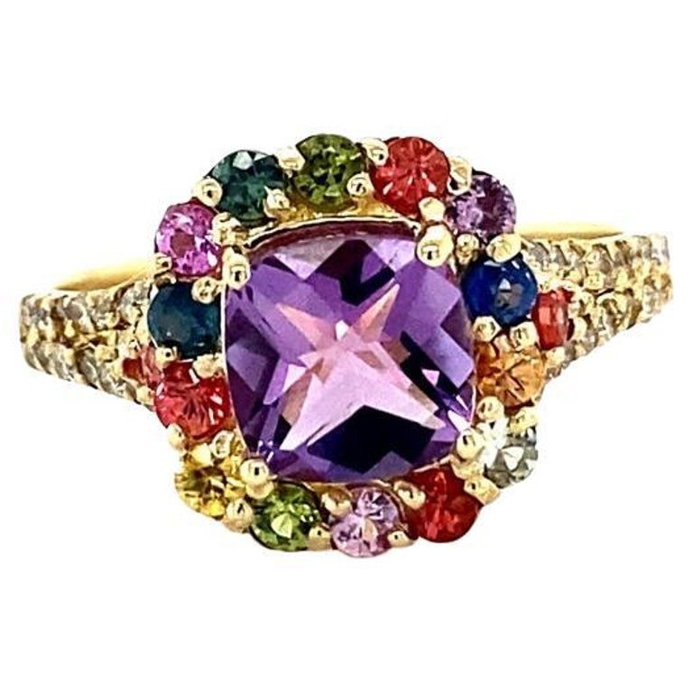 2.38 Carat Amethyst Sapphire Diamond Yellow Gold Cocktail Ring For Sale