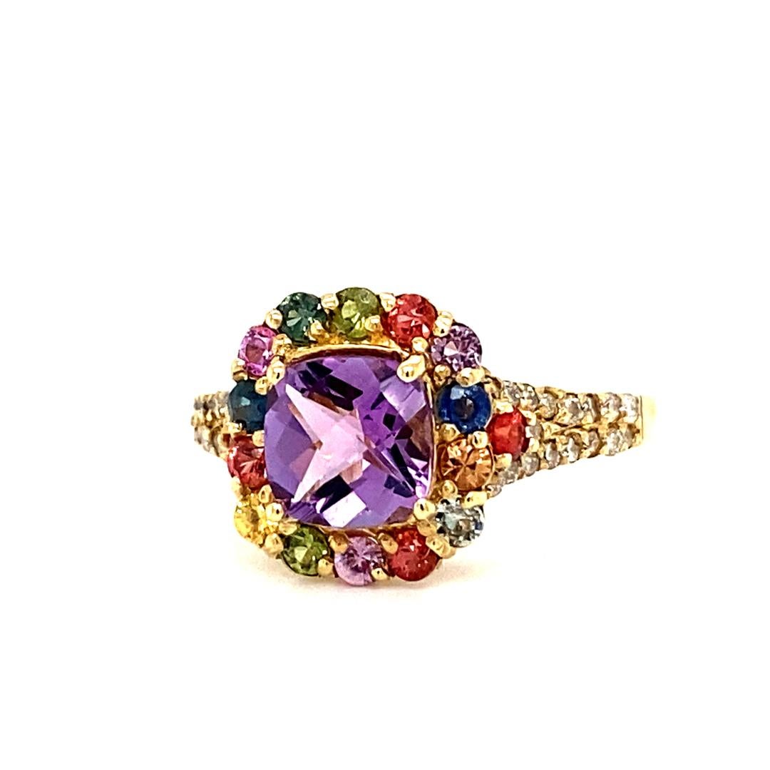 Contemporary 2.38 Carat Amethyst Sapphire Diamond Yellow Gold Cocktail Ring For Sale