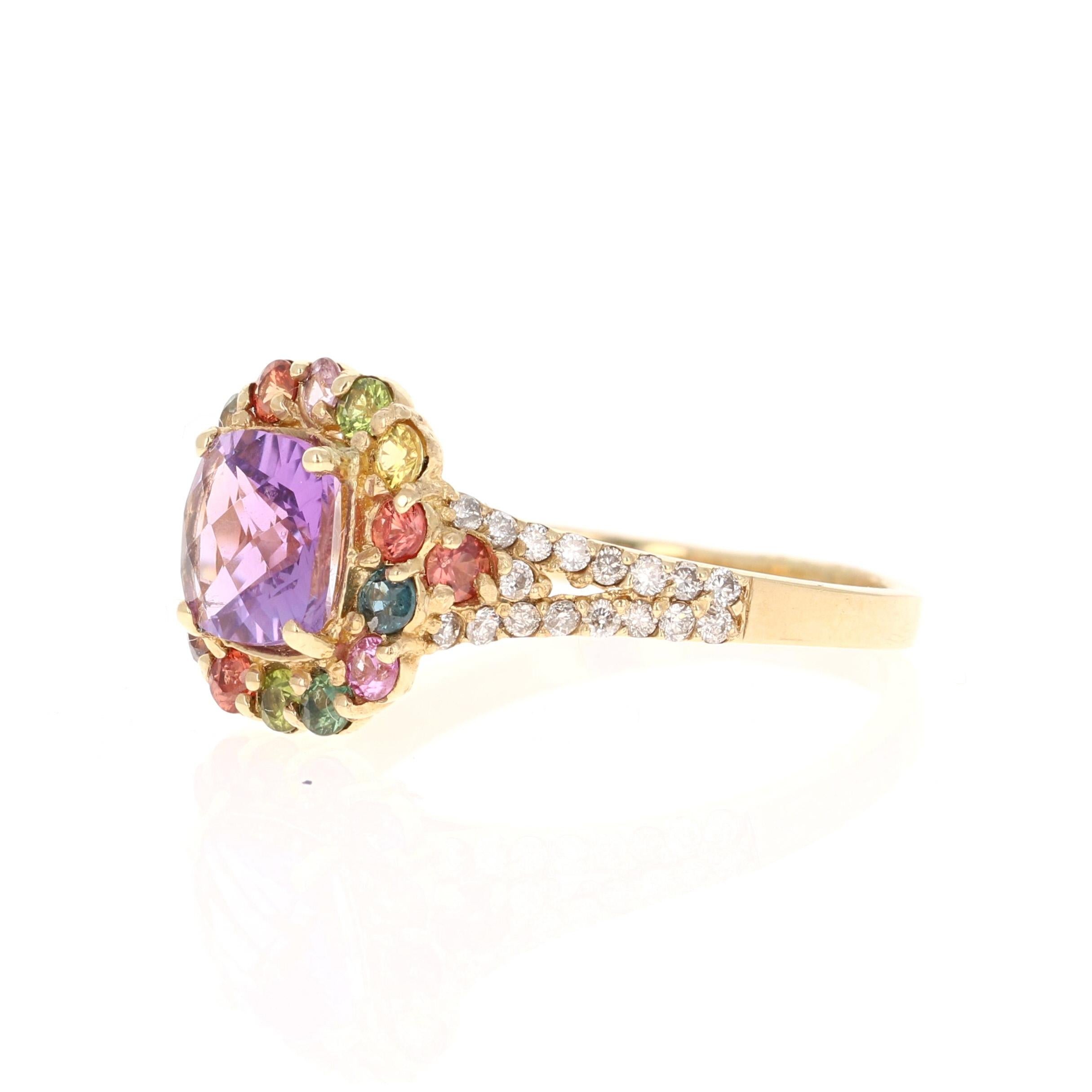 Contemporary 2.38 Carat Amethyst Sapphire Diamond Yellow Gold Ring For Sale