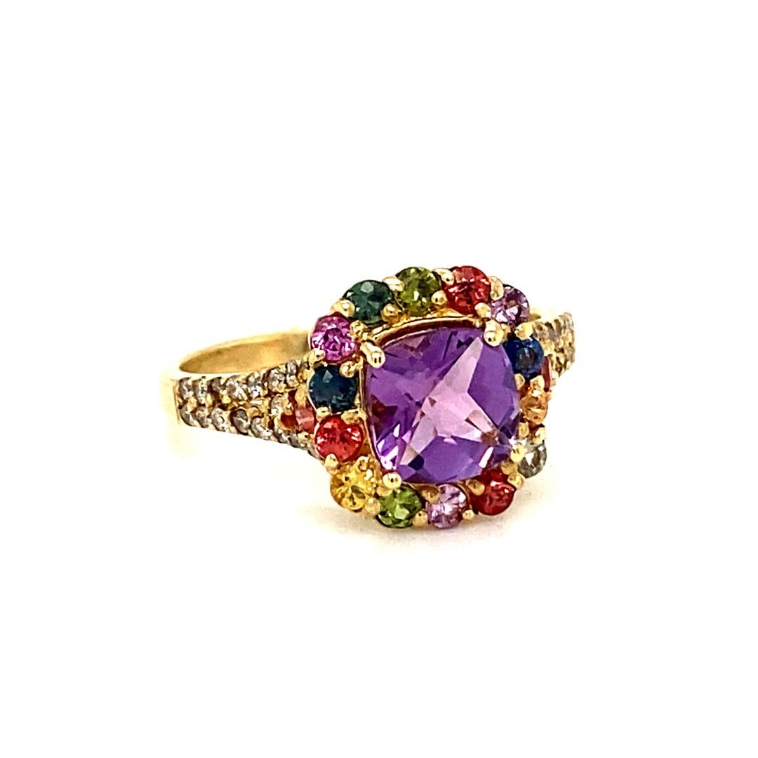 Cushion Cut 2.38 Carat Amethyst Sapphire Diamond Yellow Gold Cocktail Ring For Sale