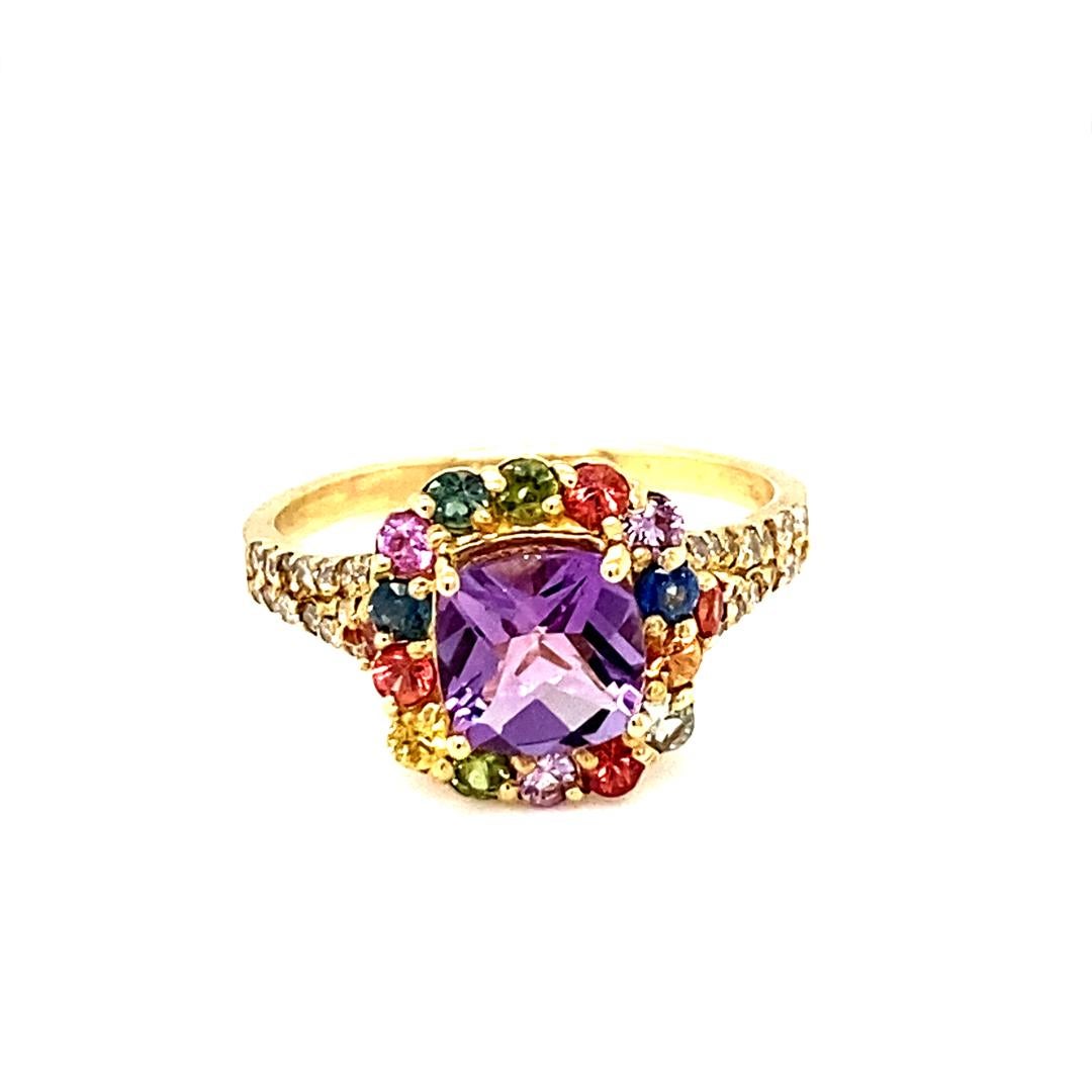 2.38 Carat Amethyst Sapphire Diamond Yellow Gold Cocktail Ring In New Condition For Sale In Los Angeles, CA