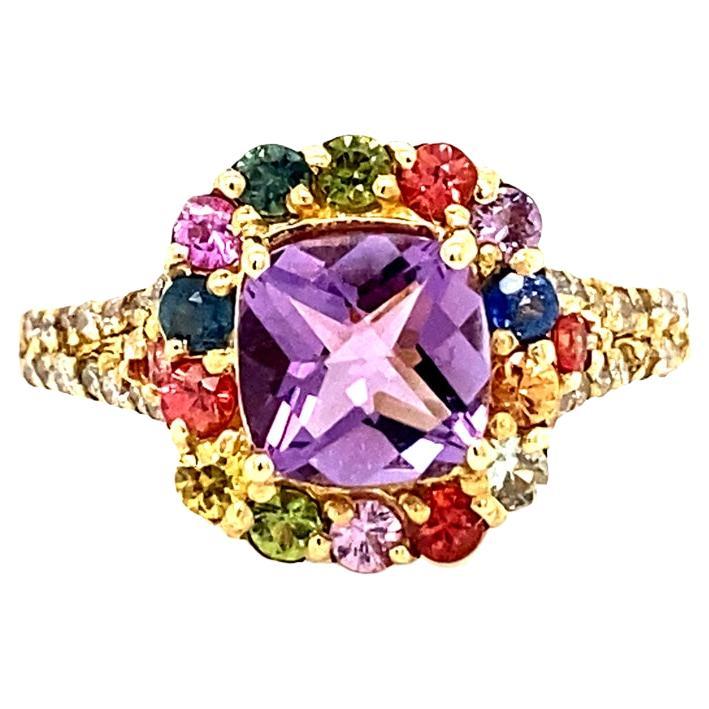 Bague cocktail en or jaune avec améthyste, saphir et diamant de 2,38 carats