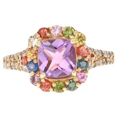 Bague en or jaune 2,38 carats améthyste saphir diamant