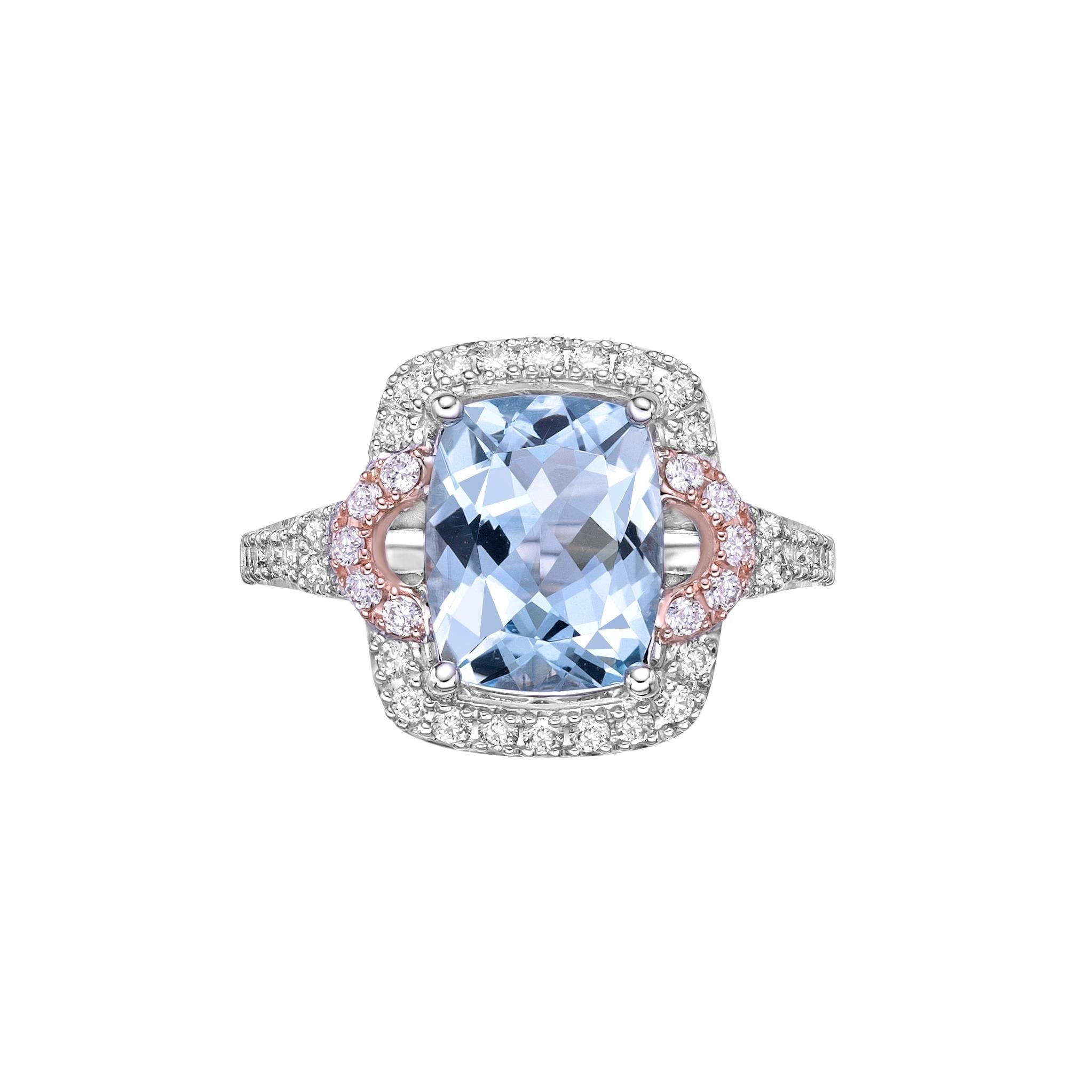 Contemporary 2.38 Carat Aquamarine Fancy Ring in 18Karat White Rose Gold with Diamond.   For Sale