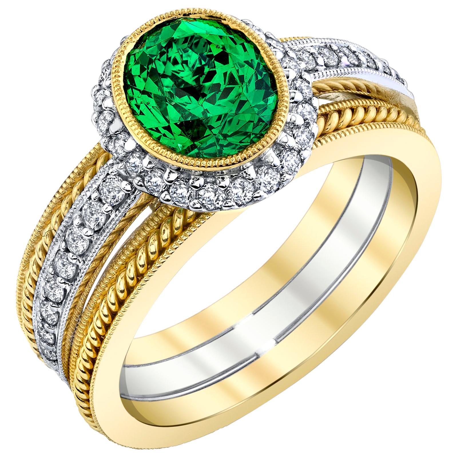 2.38 ct. Tsavorite Garnet & Diamond Halo 18k Yellow & White Gold Engagement Ring