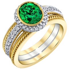 Tsavorite Garnet & Diamond Halo Engagement Ring in 18k Gold, 2.38 Carats