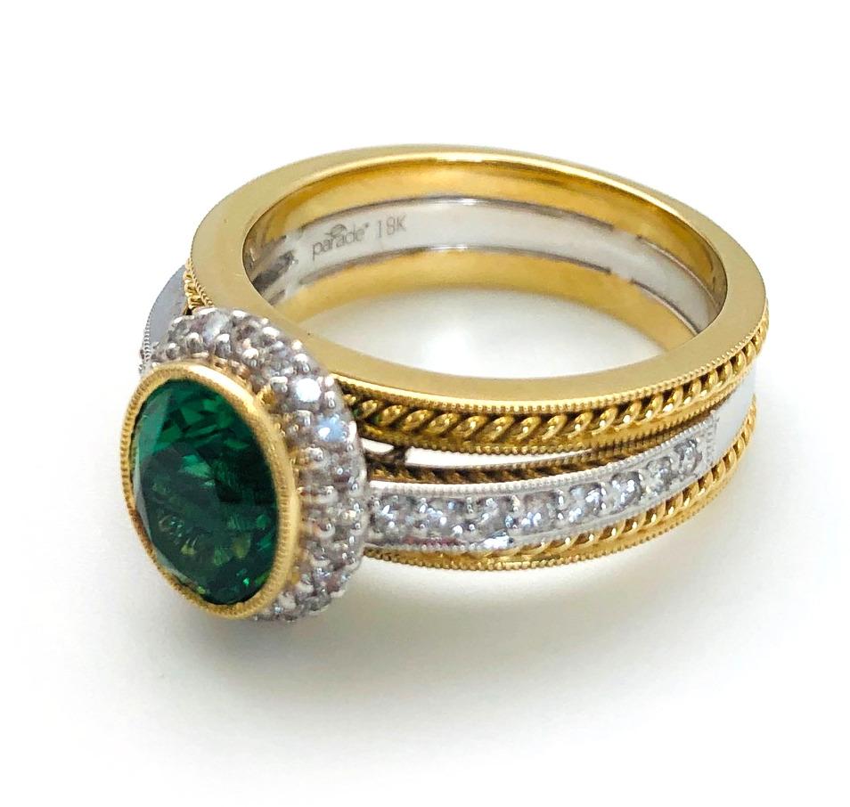 Artisan Tsavorite Garnet & Diamond Halo Engagement Ring in 18k Gold, 2.38 Carats For Sale