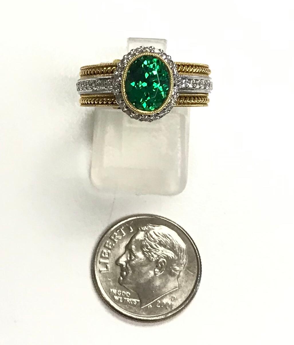 Tsavorite Garnet & Diamond Halo Engagement Ring in 18k Gold, 2.38 Carats In New Condition For Sale In Los Angeles, CA