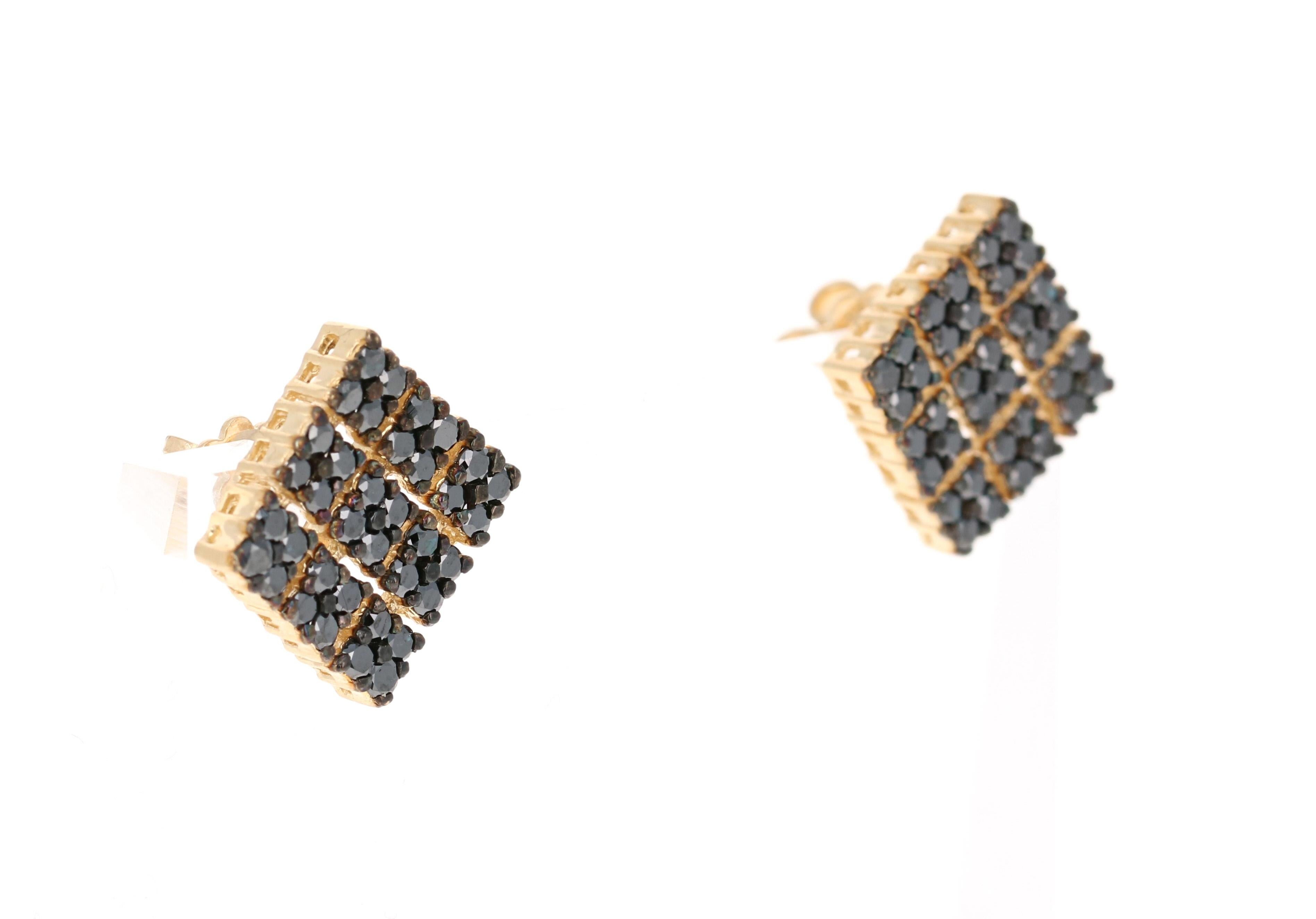Black Beauties! Great for a cocktail party, work event, or even a casual day out! 

These stunning earrings have 72 Black Round Cut Diamonds that weigh 2.38 Carats. 

Curated in 14 Karat Yellow Gold and weigh approximately 7.4 grams. 

