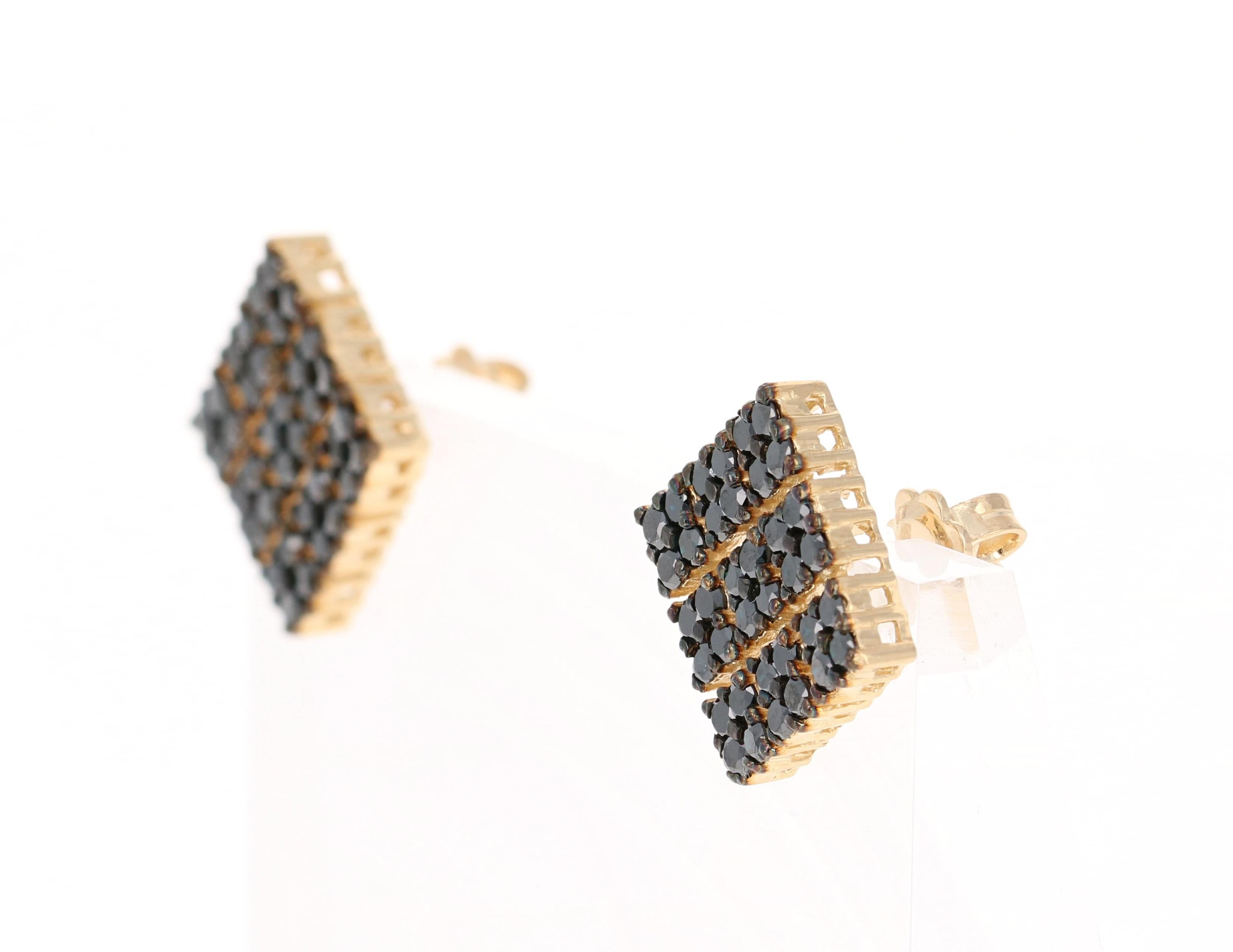 Modern 2.38 Carat Black Diamond 14 Karat Yellow Gold Earrings For Sale