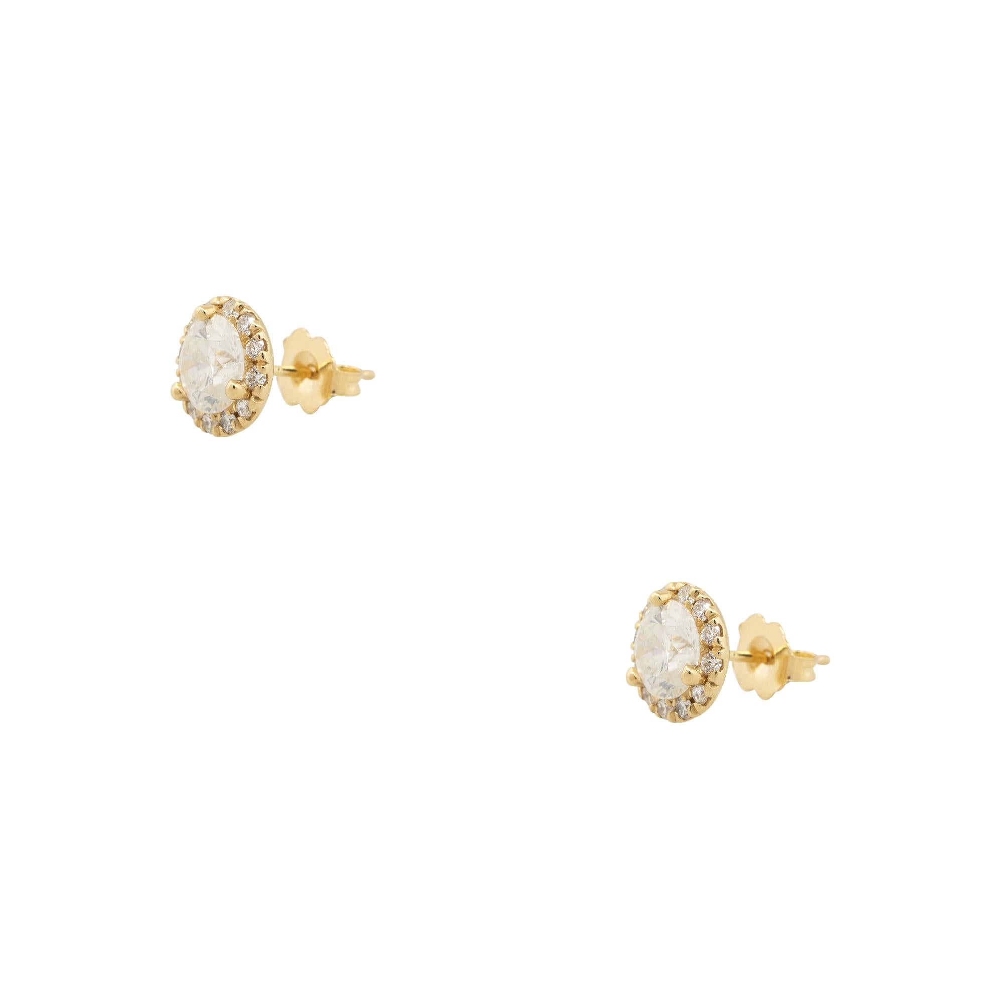 Material: 14k Yellow Gold
Diamond Details: Approx. 2.38ctw of round cut Diamonds. Diamonds are G/I in color and I2/I3 in clarity. One Diamond has a GIA Certificate (GIA 6193692968)
Total Weight: Unknown
Earring Backs: Friction Backs
Additional