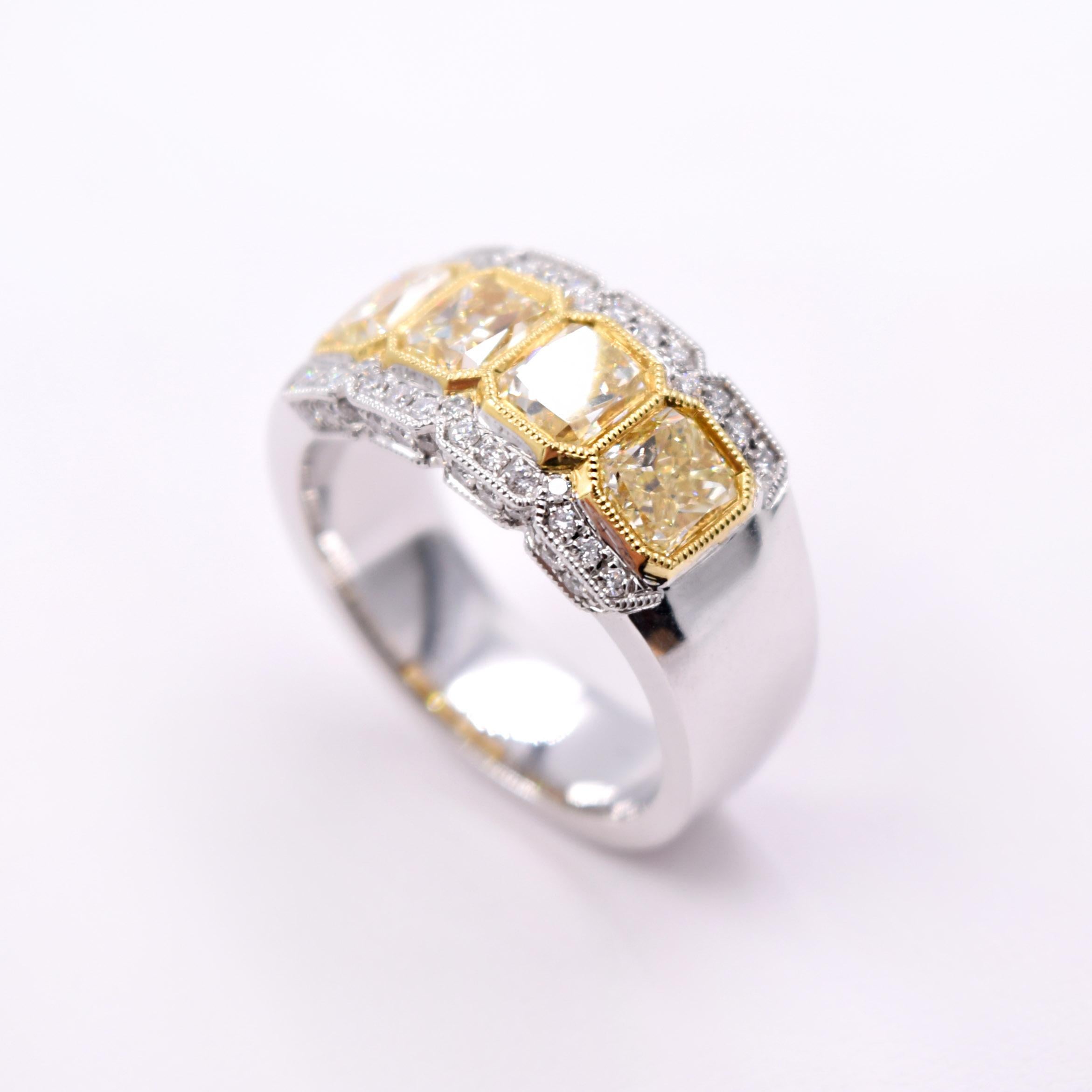 2.38 Carat Fancy Yellow Radiant Cut Four-Stone Diamond Ring in 18 Karat Gold In New Condition For Sale In Mill Valley, CA