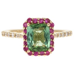 2.38 Carat Green Tourmaline Pink Sapphire Diamond 14 Karat Gold Engagement Ring
