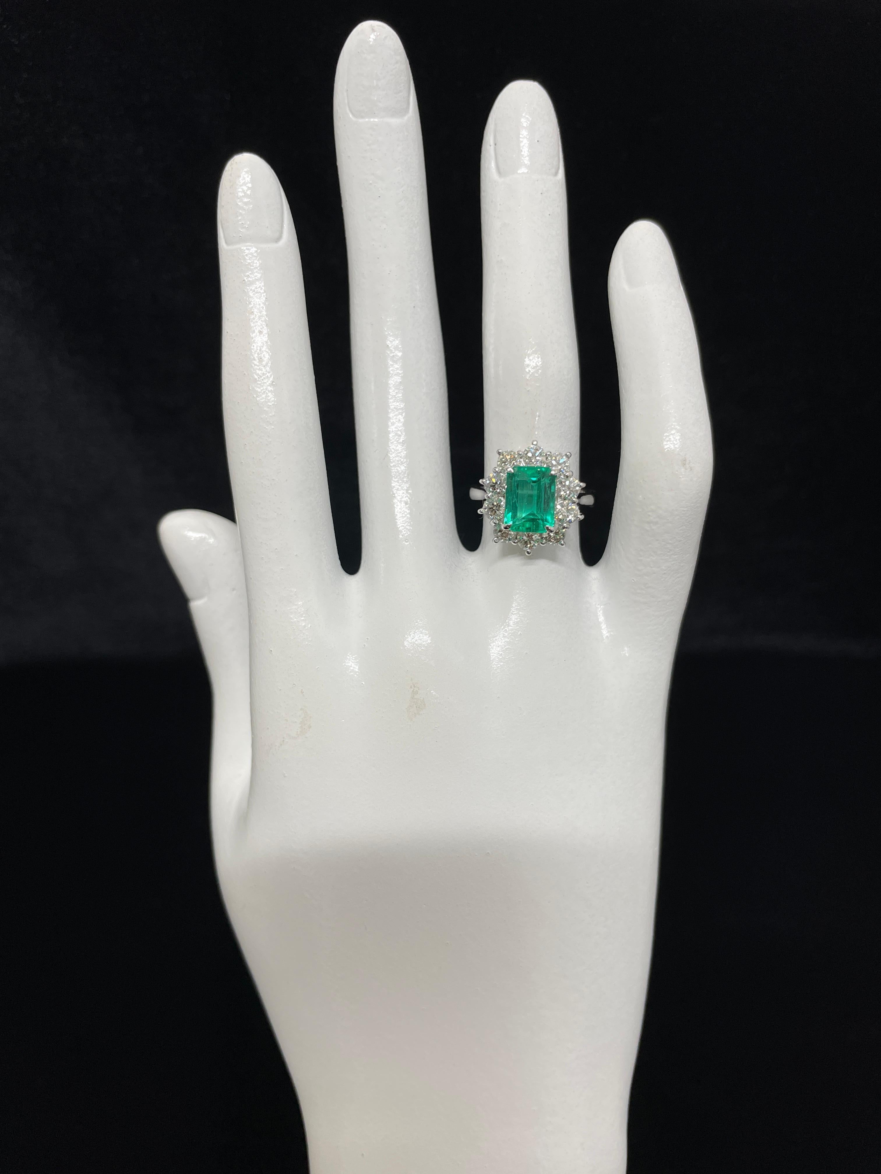 A stunning ring featuring a 2.38 Carat Natural Colombian Emerald and 1.23 Carats of Diamond Accents set in Platinum. People have admired emerald’s green for thousands of years. Emeralds have always been associated with the lushest landscapes and the