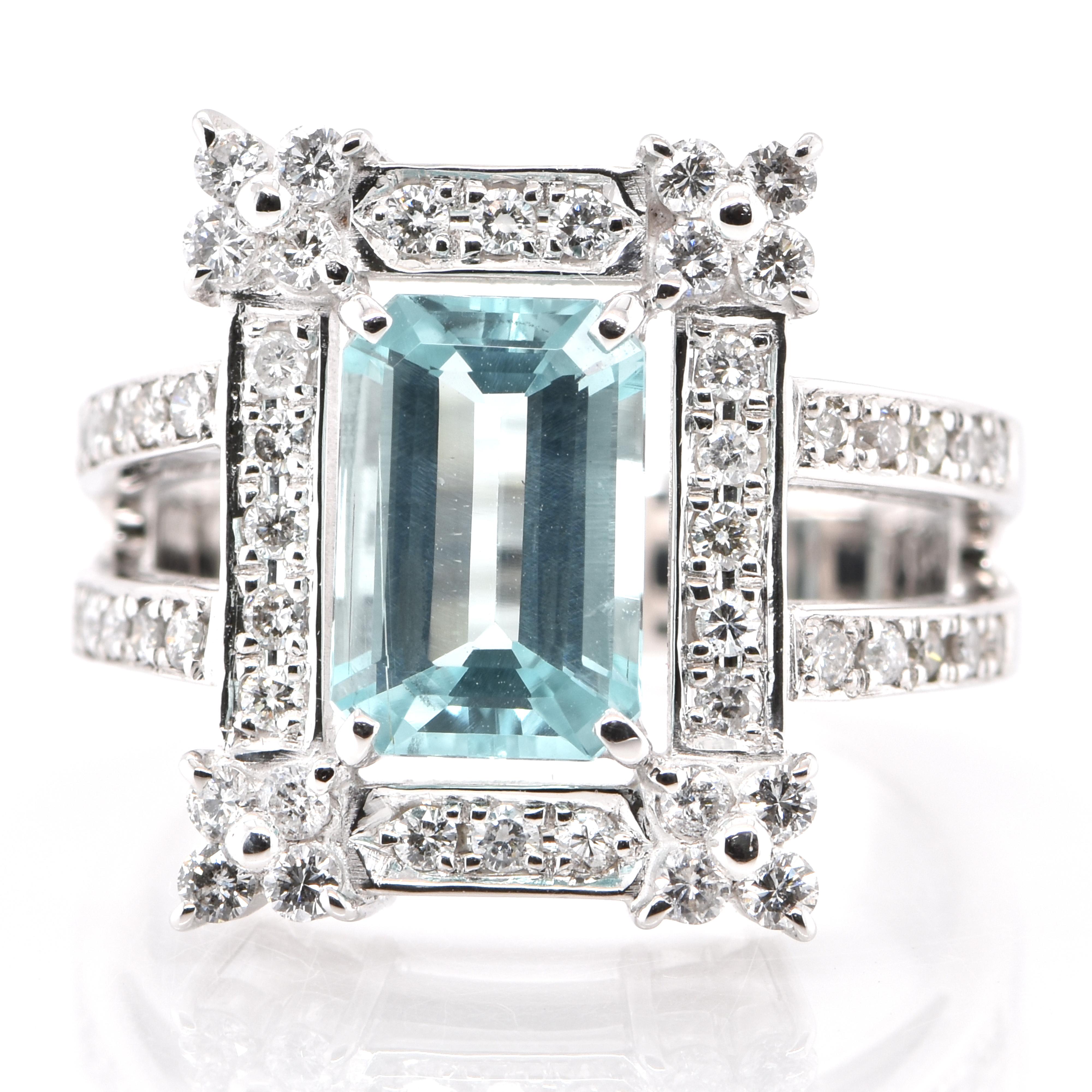 A beautiful ring featuring a 2.38 Carat Natural Paraiba Tourmaline and 0.493 Carats of Diamond Accents set in Platinum. Paraiba Tourmalines were only discovered 30 years ago in the Brazilian state of the same name- Paraiba. Since then they have