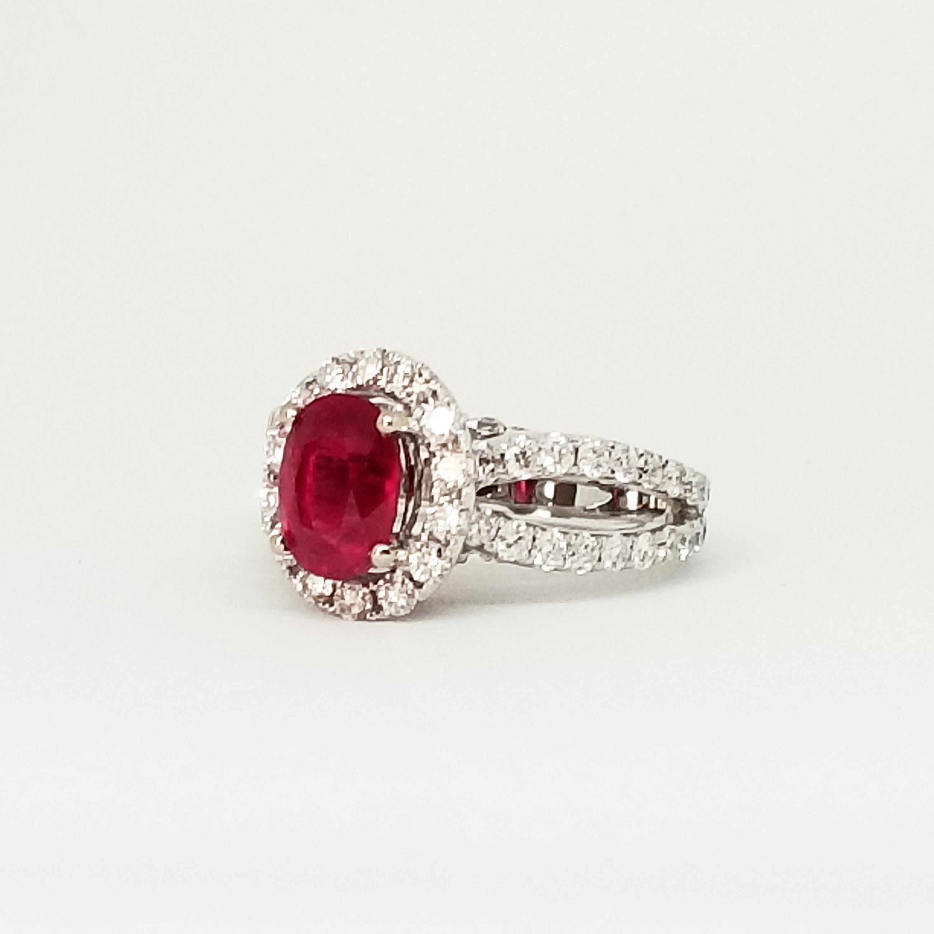 Contemporary 2.38 Carat Oval Ruby 1.81 Carat Diamond Halo Ring Woven Shoulders White Gold For Sale