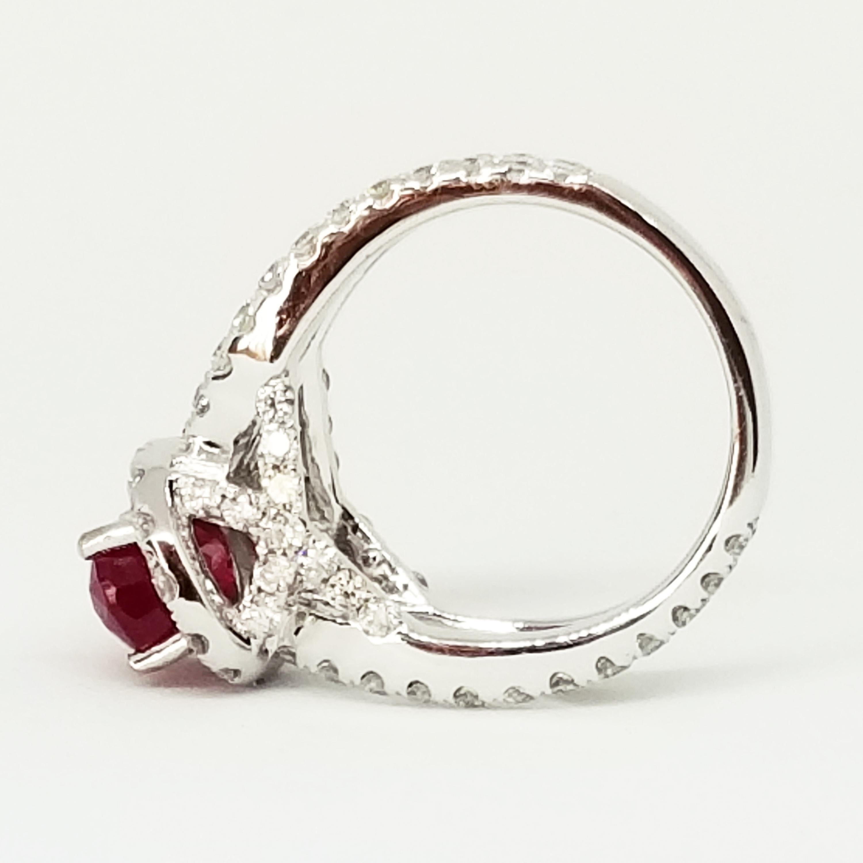 2.38 Carat Oval Ruby 1.81 Carat Diamond Halo Ring Woven Shoulders White Gold In New Condition For Sale In Lambertville , NJ