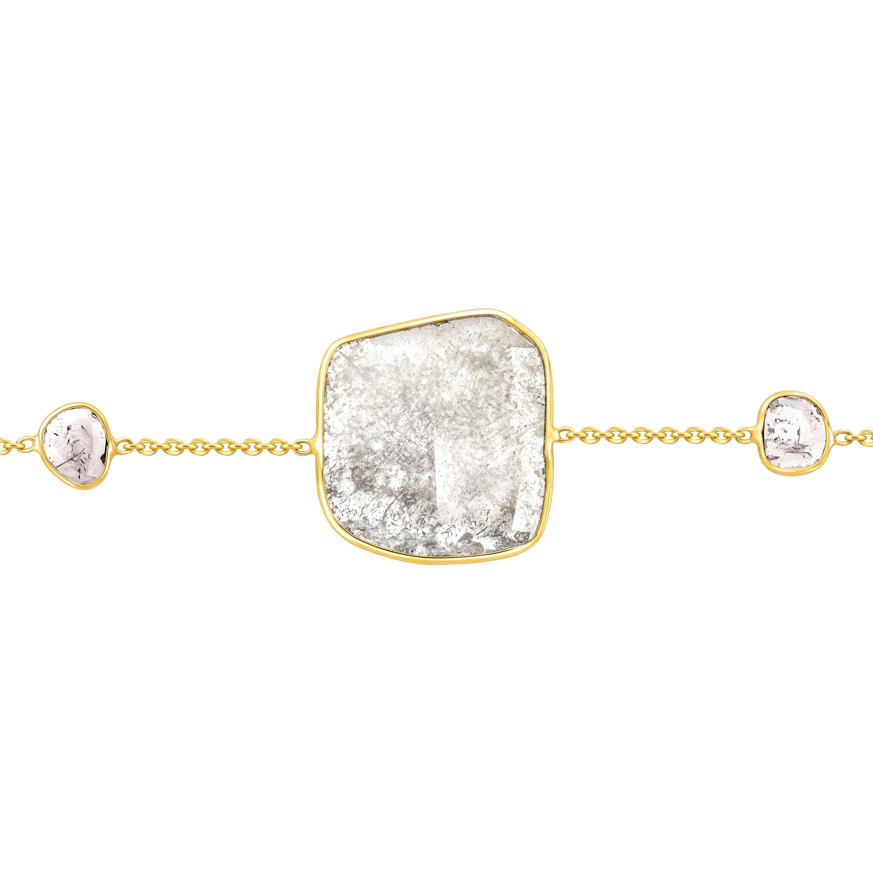 Adorn your wrist with this beautiful 2.38 Carat Rose Cut Diamond Bracelet with two Diamond slices set in 18 Karat Yellow Gold. Each piece is hand made with a unique shaped precious stone in the center and sides so no two pieces are the same. This