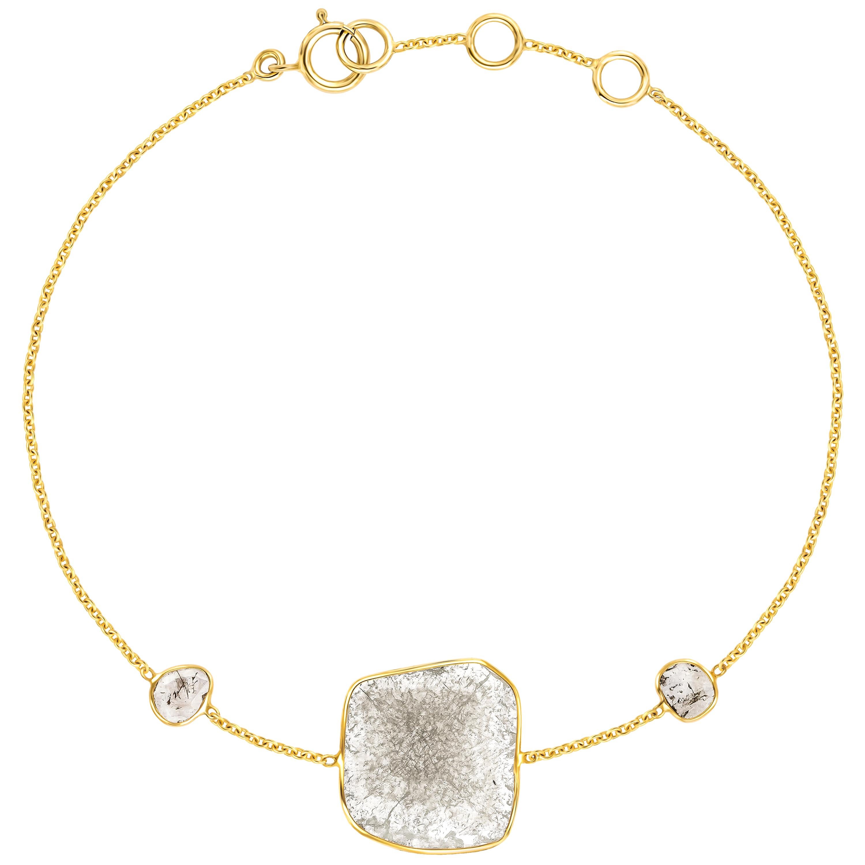 2.38 Carat Rose Cut White Diamond Slice 18 Karat Yellow Gold Artisan Bracelet