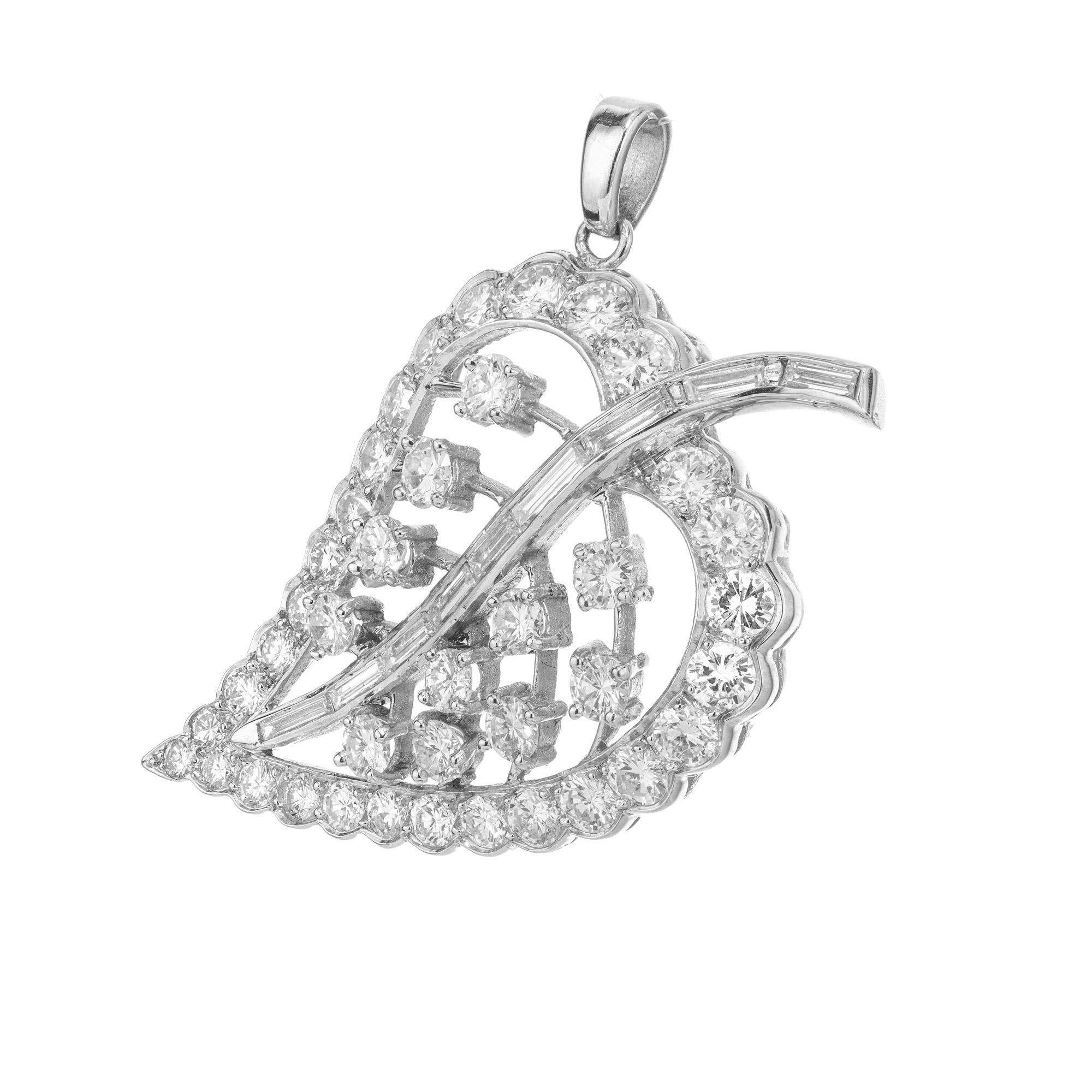 Round Cut 2.38 Carat Round Baguette Diamond Platinum Leaf Pendant For Sale