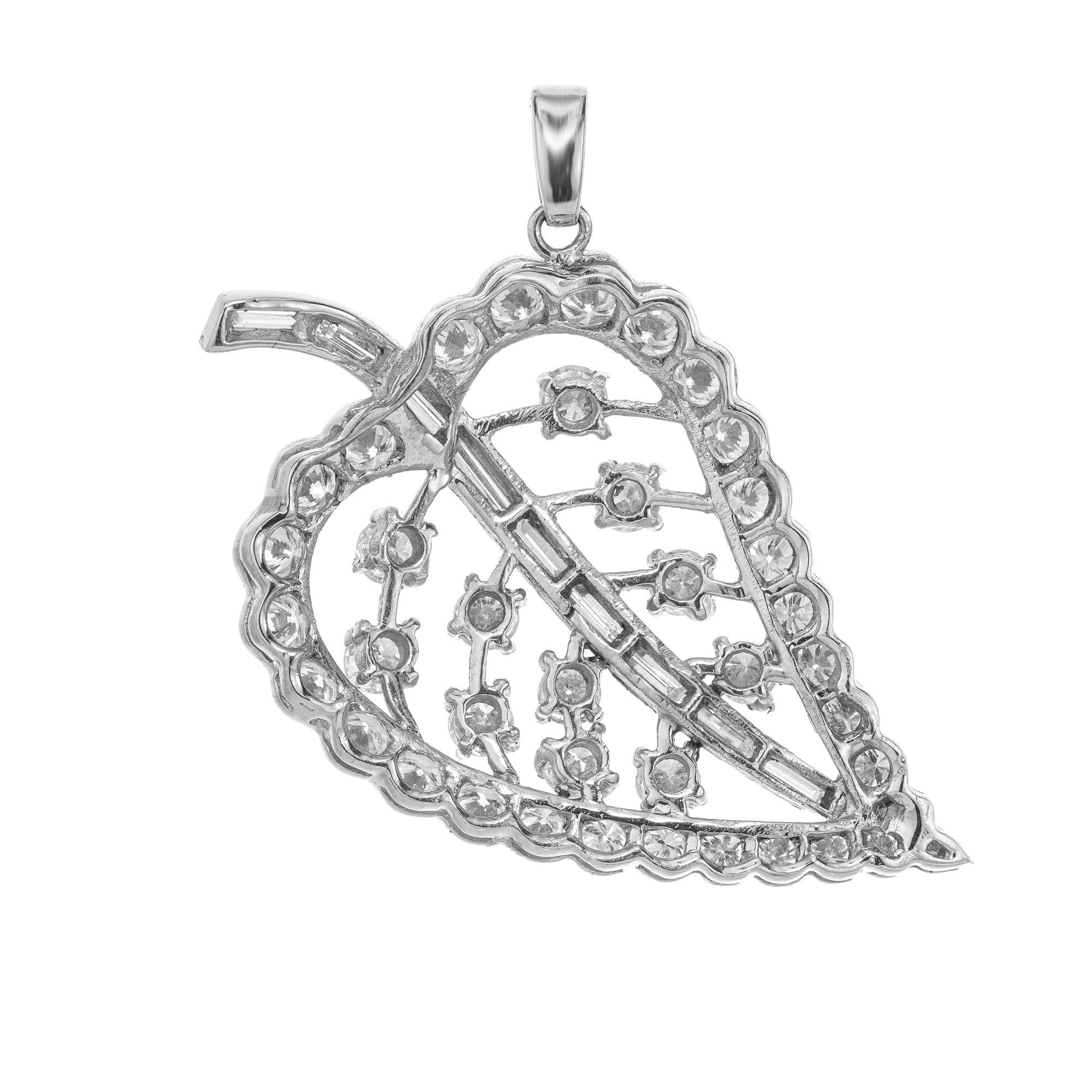 2.38 Carat Round Baguette Diamond Platinum Leaf Pendant In Excellent Condition For Sale In Stamford, CT