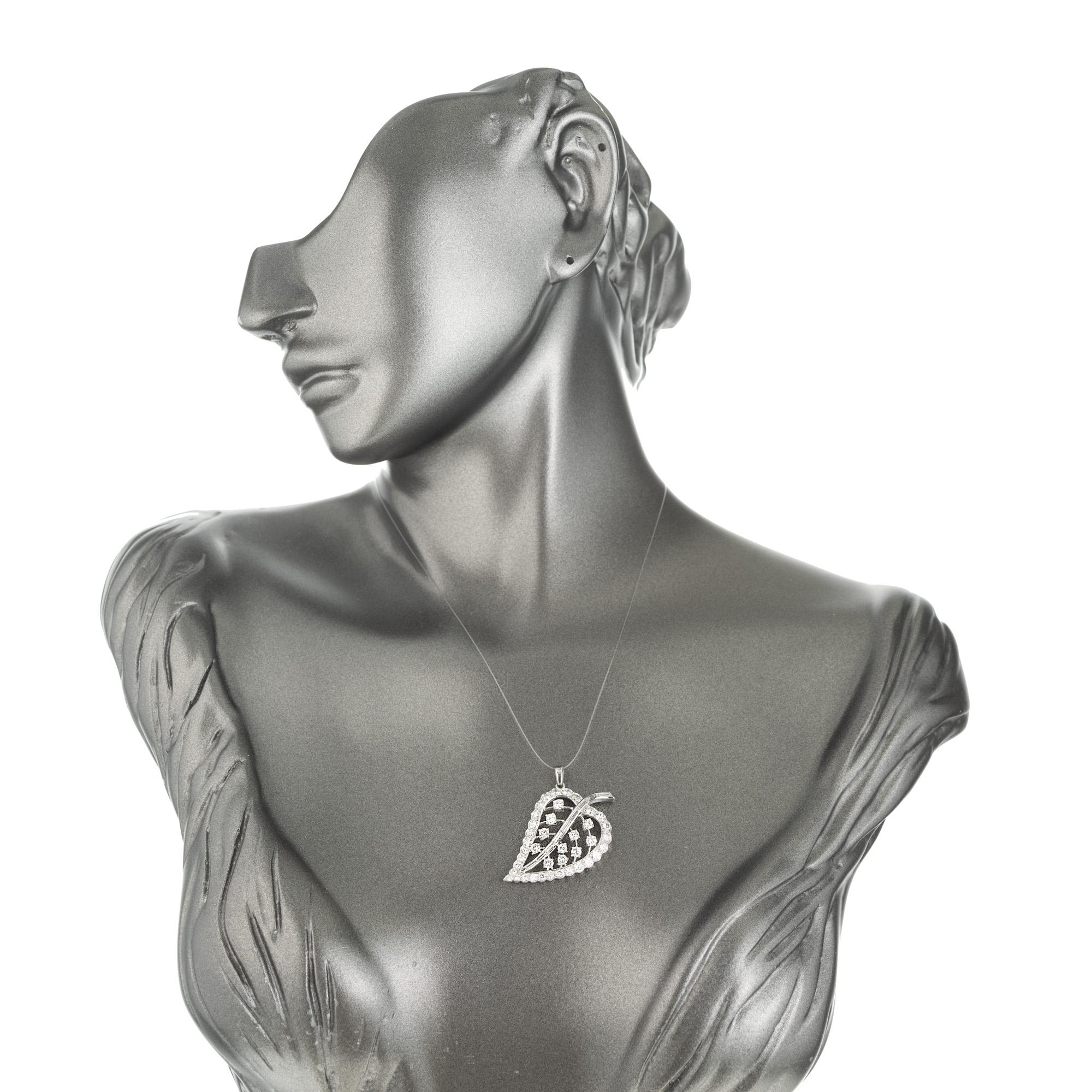 Women's 2.38 Carat Round Baguette Diamond Platinum Leaf Pendant For Sale