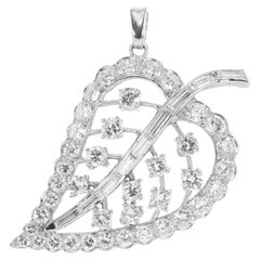 Antique 2.38 Carat Round Baguette Diamond Platinum Leaf Pendant