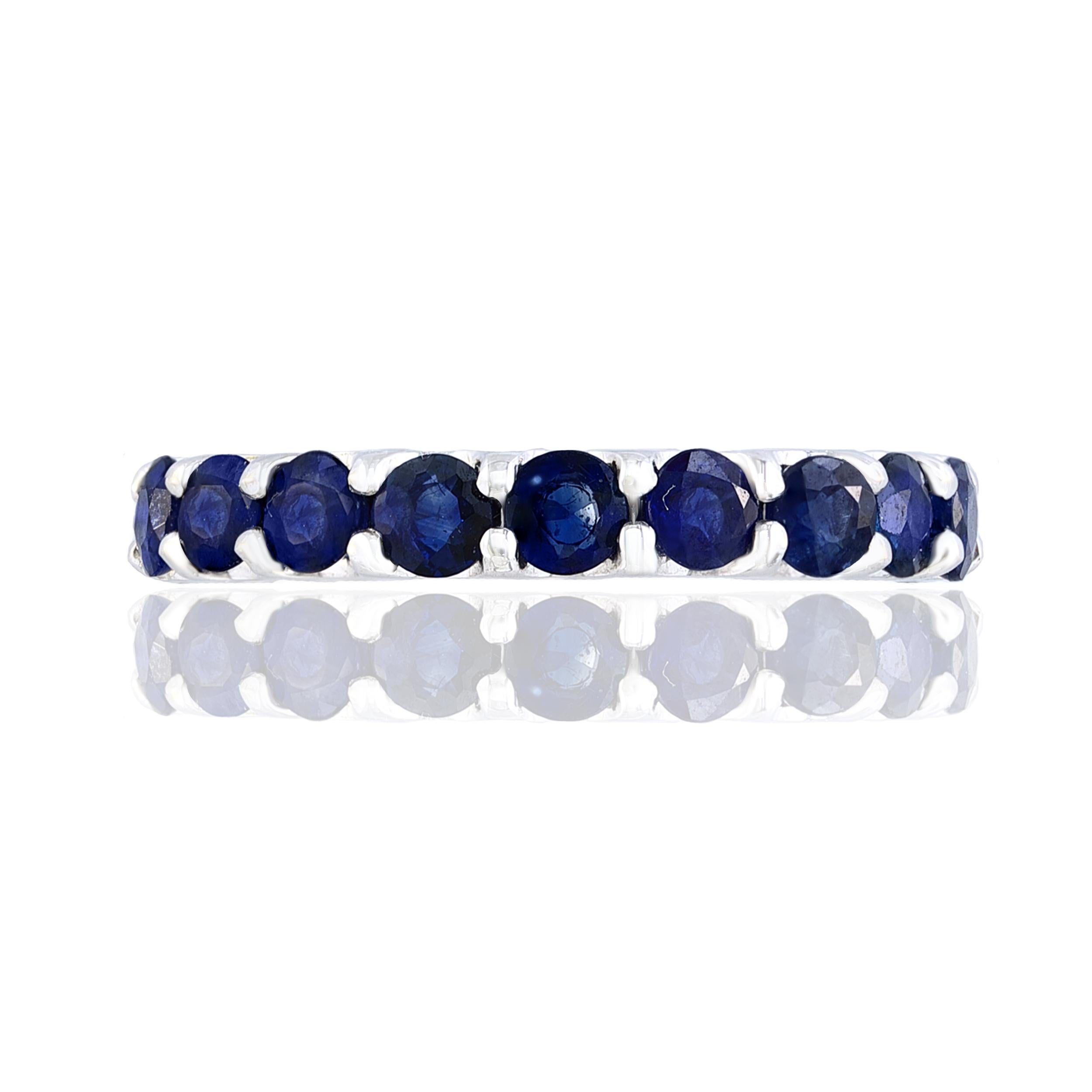2.38 Carat Round Blue Sapphire Eternity Wedding Band in 14k White Gold For Sale 4