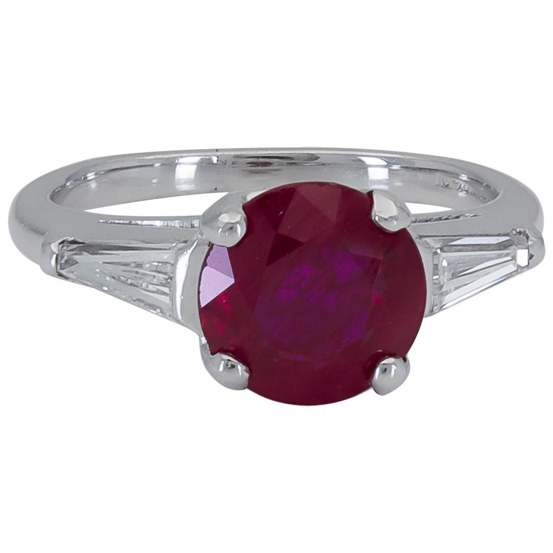 2.38 Carat Round Ruby and Diamond Three-Stone Engagement Ring For Sale