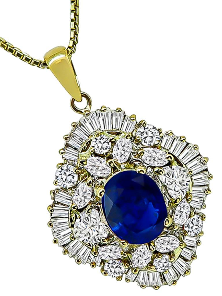 2.38 Carat Sapphire Diamond Yellow Gold Pendant Necklace In Good Condition In New York, NY