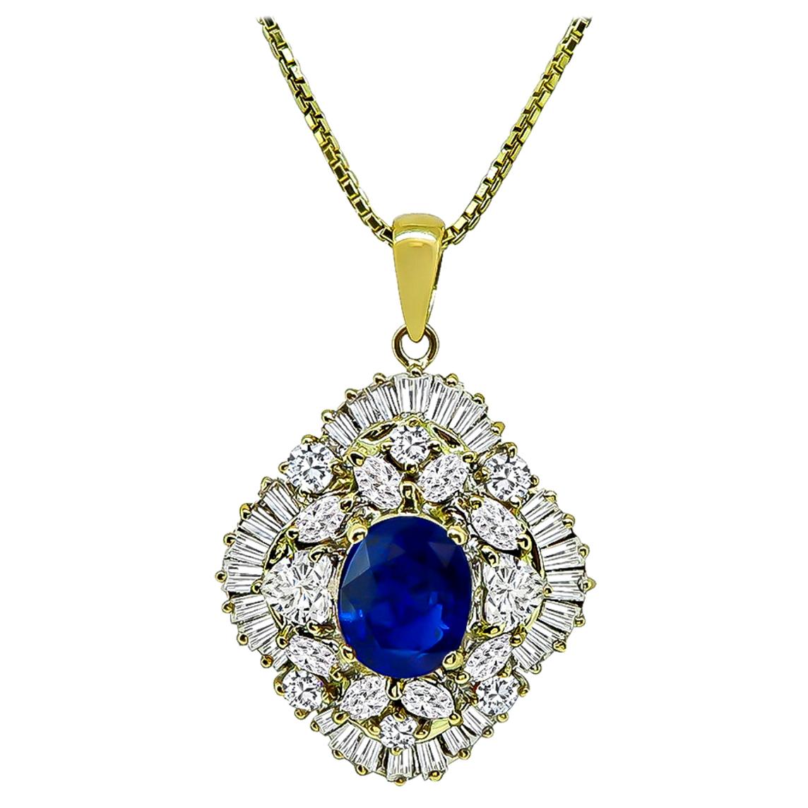 2.38 Carat Sapphire Diamond Yellow Gold Pendant Necklace