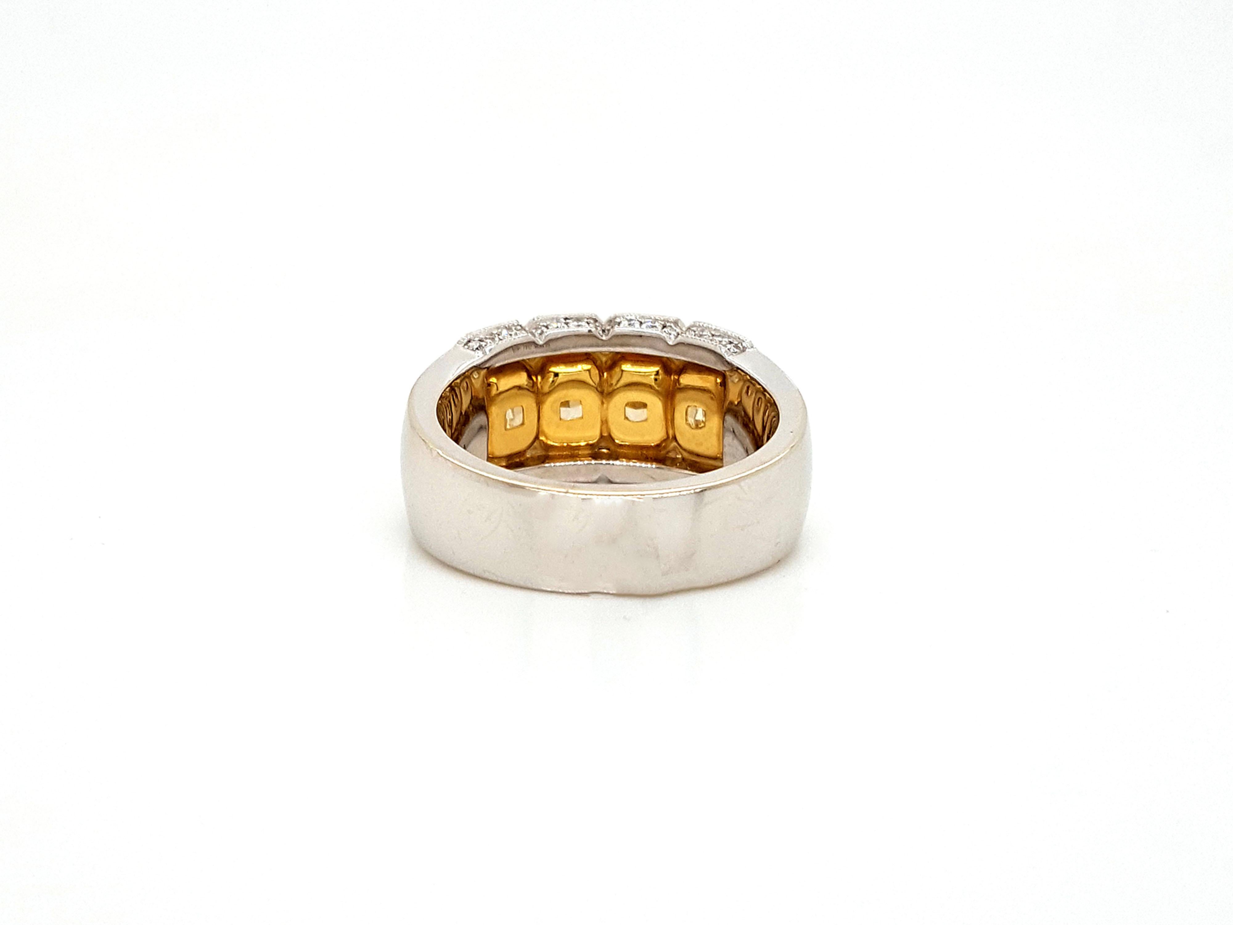 Modern 2.38 Carat Yellow Radiant Cut Four-Stone Diamond Ring in 18 Karat Gold. For Sale