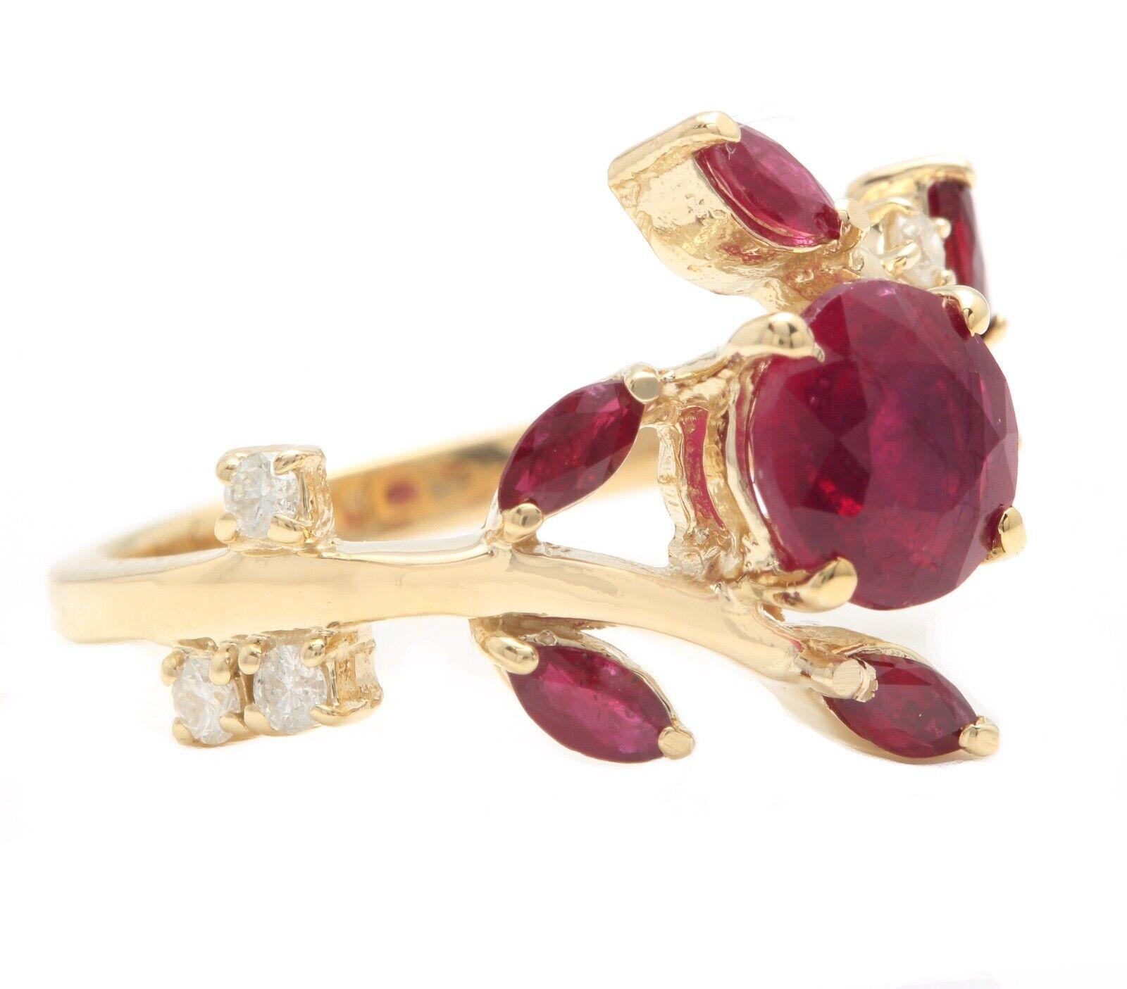 2.38 Carats Impressive Natural Red Ruby and Diamond 14K Yellow Gold Ring

Suggested Replacement Value: $5,500.00

Total Center Red Ruby Weight is: Approx. 1.50 Carats (Fracture Filled)

Center Ruby Measures: Approx. 7.00mm

Side Marquise Natural