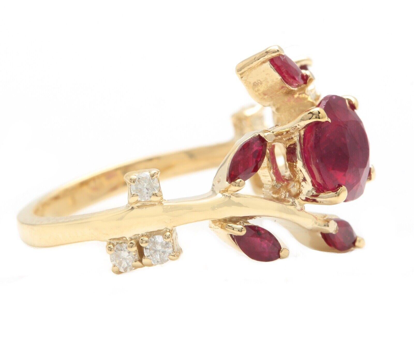 Women's 2.38 Carats Impressive Natural Red Ruby and Diamond 14K Yellow Gold Ring For Sale