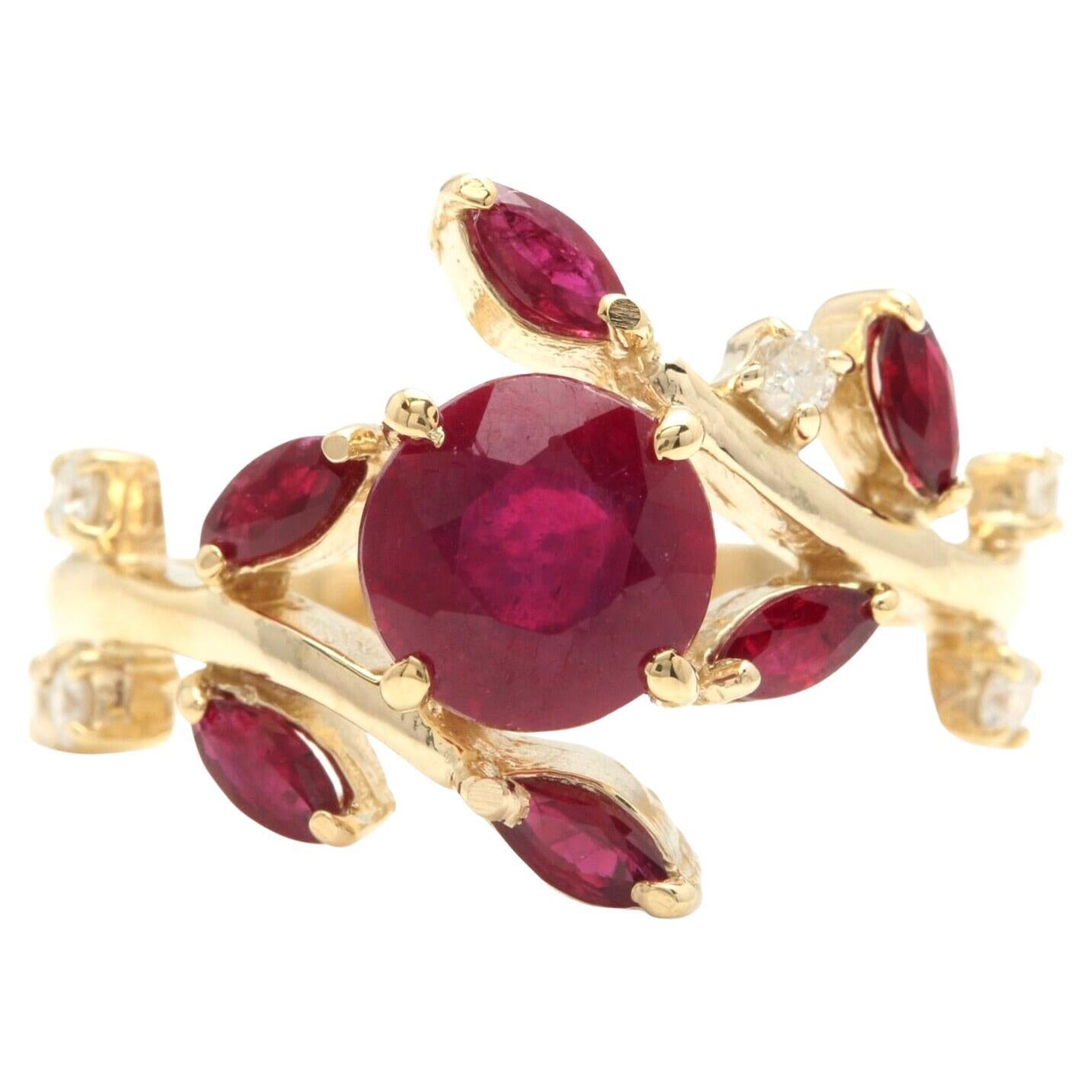 2.38 Carats Impressive Natural Red Ruby and Diamond 14K Yellow Gold Ring For Sale