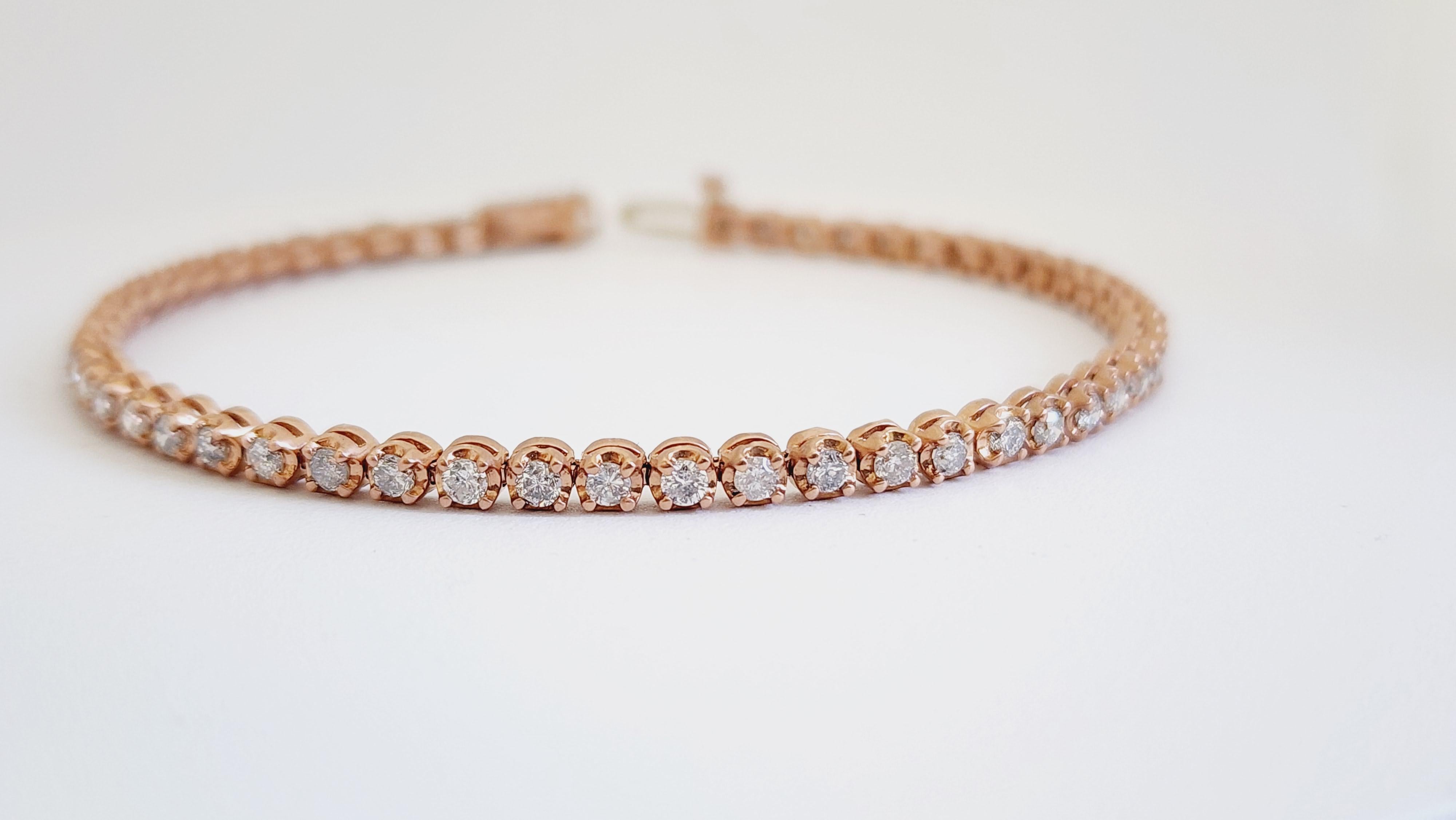 Bracelet tennis coupe-douce en or rose 14 carats et diamants naturels de 2,38 carats en vente 6