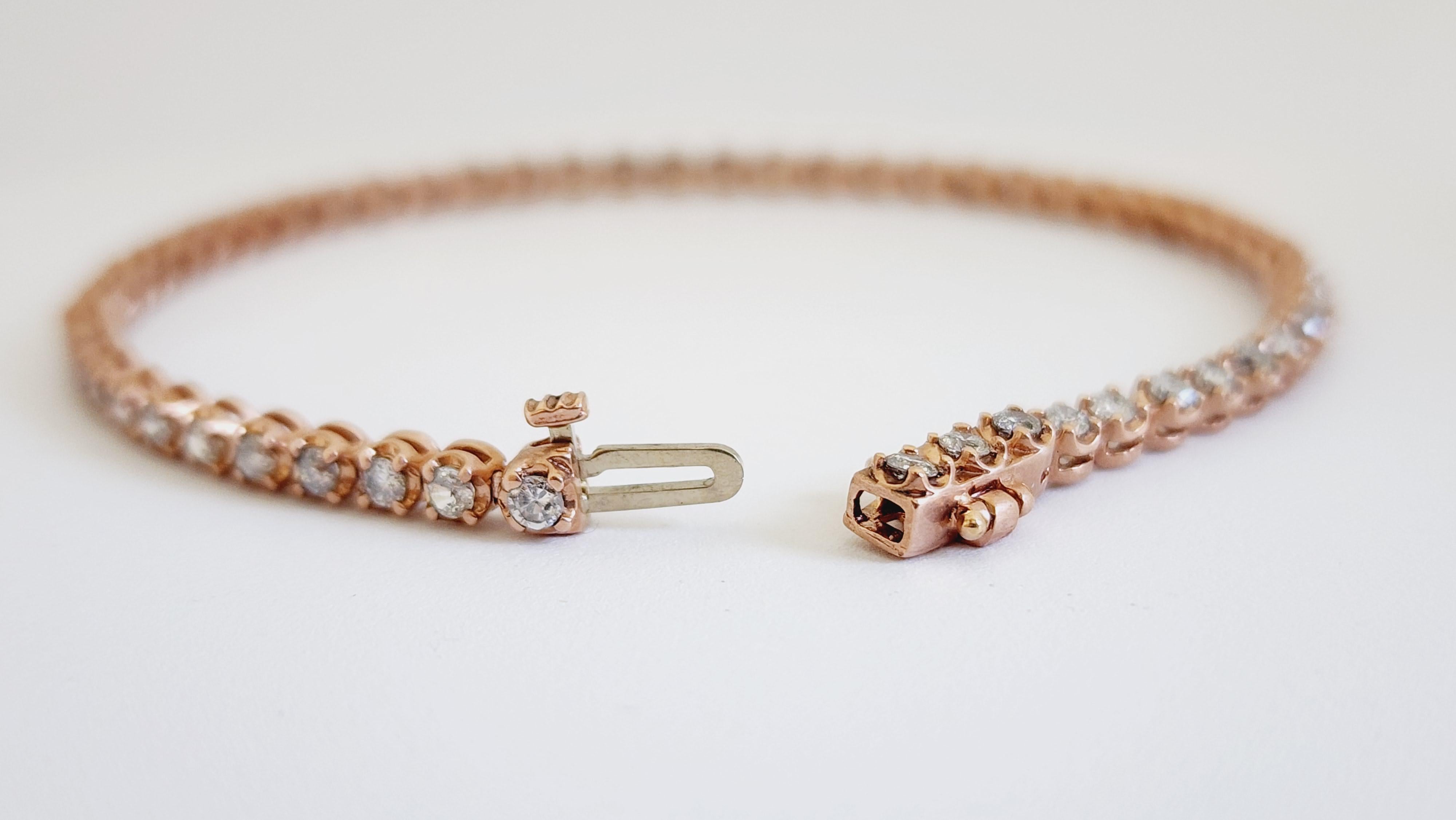 Bracelet tennis coupe-douce en or rose 14 carats et diamants naturels de 2,38 carats Unisexe en vente